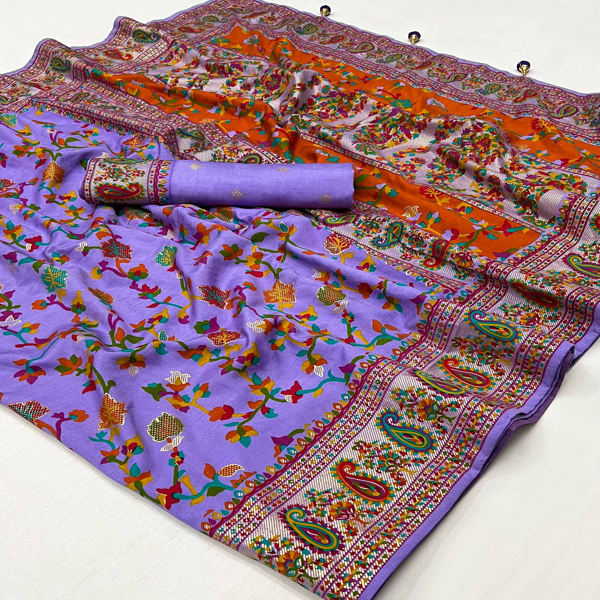 Peachmode Light Purple Floral Foil Printed Tussar Silk Saree