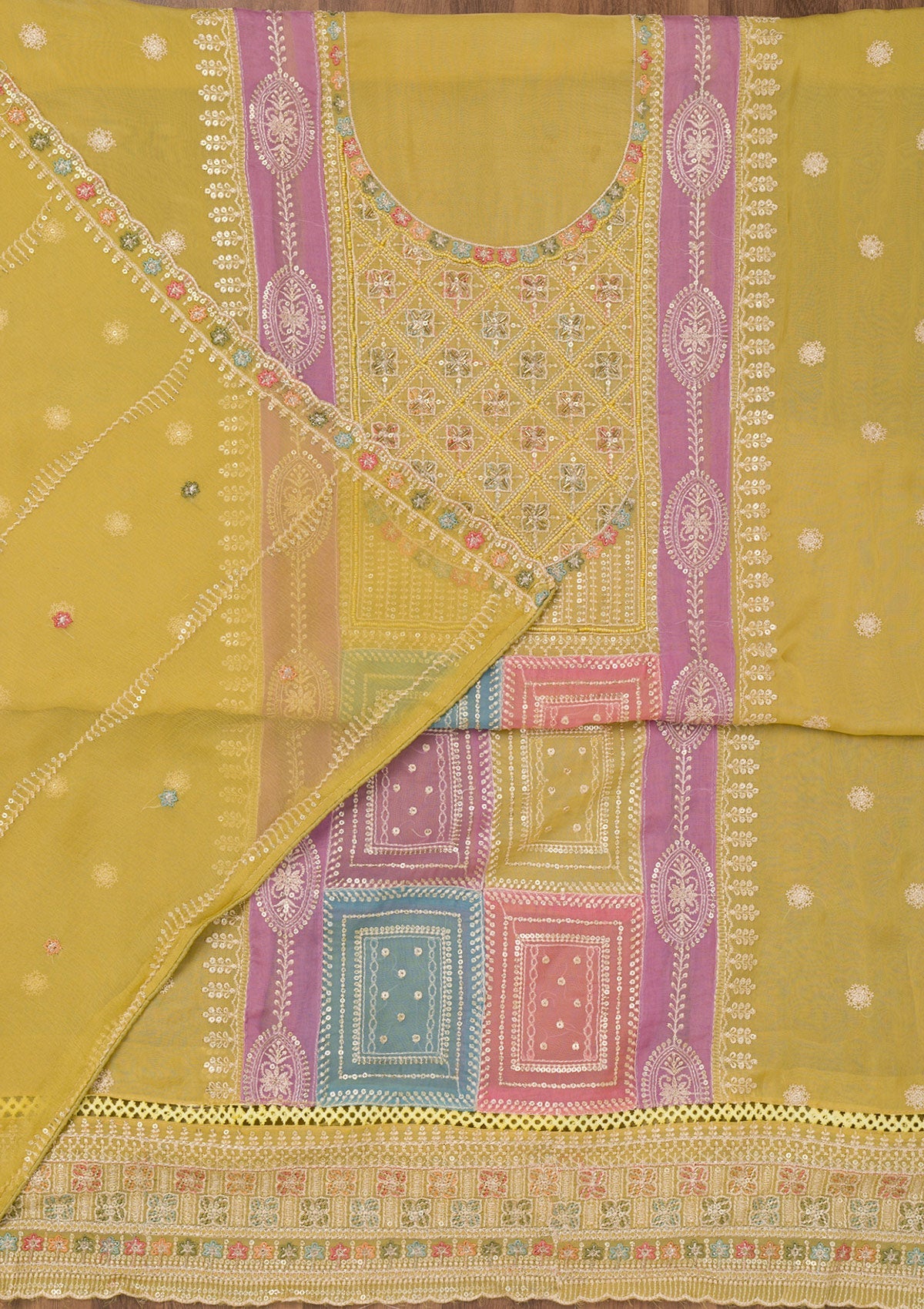 Koskii Mehendi Threadwork Semi Crepe Unstitched Salwar Suit - view 3