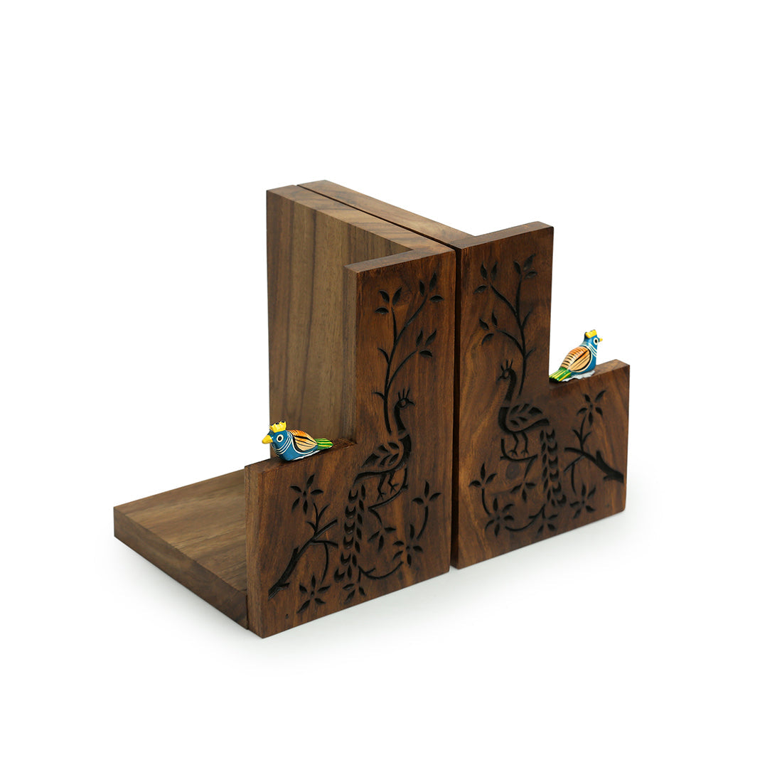 EXCLUSIVELANE 'Peacock Pair' Hand Carved Sheesham Wood Bookend - view 3
