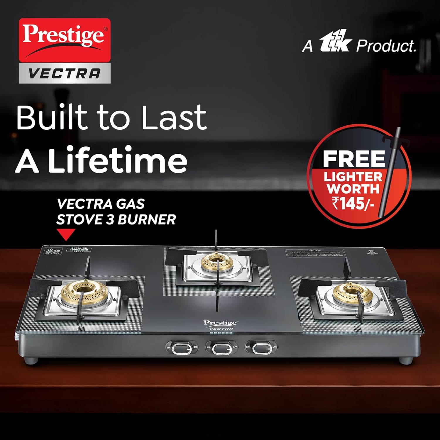 Prestige Vectra Glass Top 3 Burners Gas Stove | Black - view 2