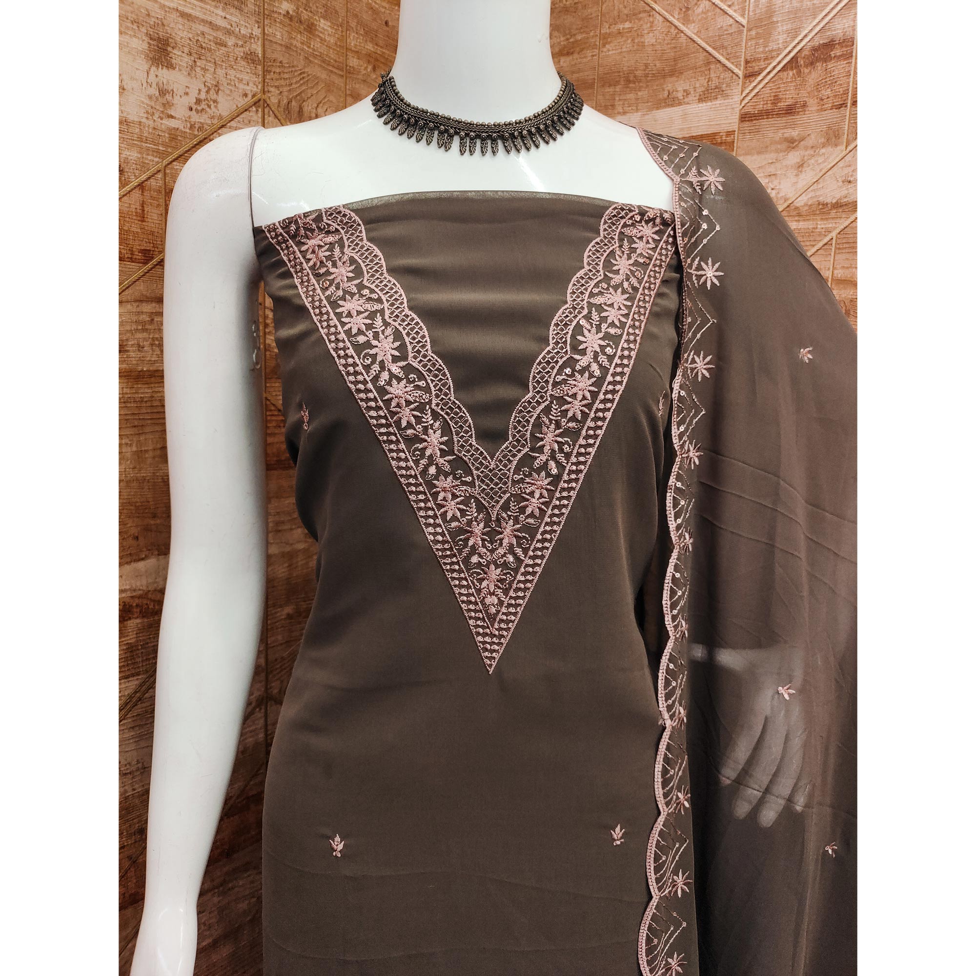 Peachmode Brown Floral Embroidered Georgette Dress Material - view 4