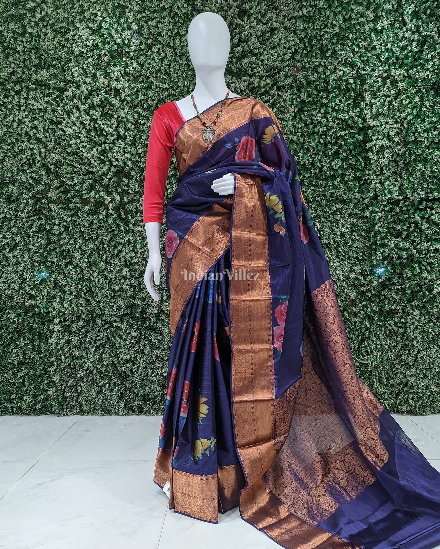IndianVillèz Blue Floral Digital Print Kanjivaram Silk Saree