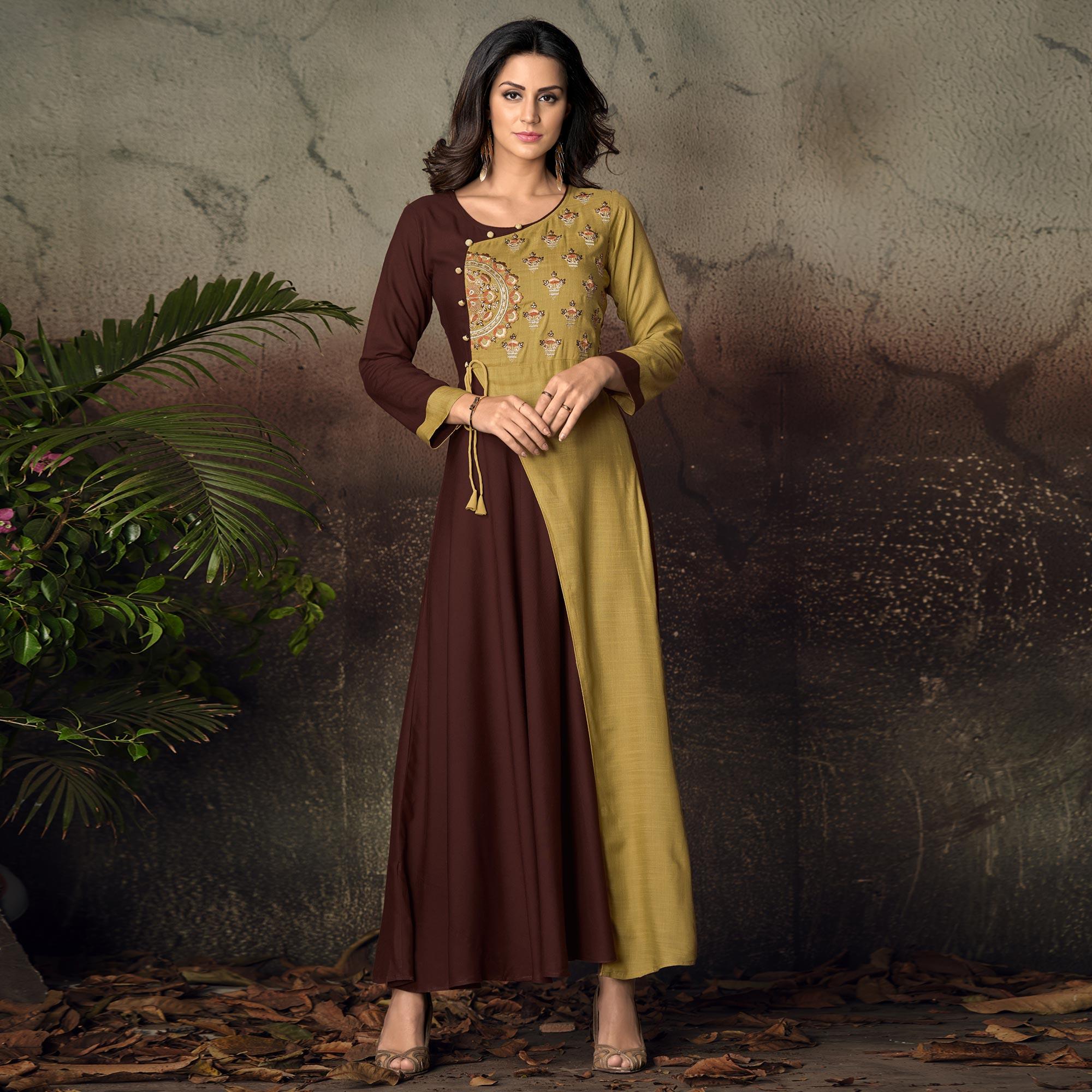Peachmode Seller Brown-Green Floral Embroidered Rayon Kurti - view 2