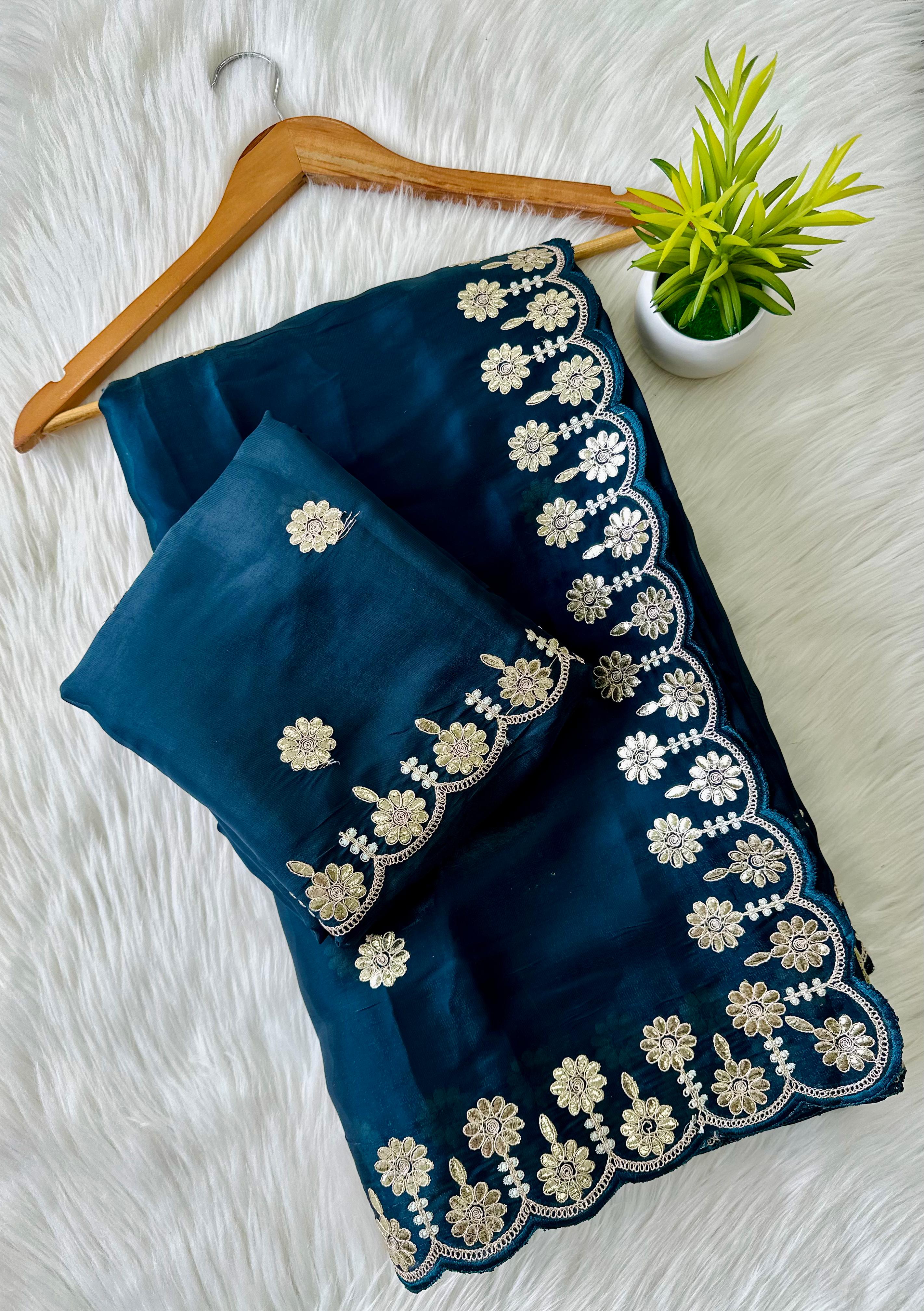 ClothsVilla Blue Jimmy Choo Saree with Beautiful Jaipuri Gota Work – Complete with Matching Running Blouse