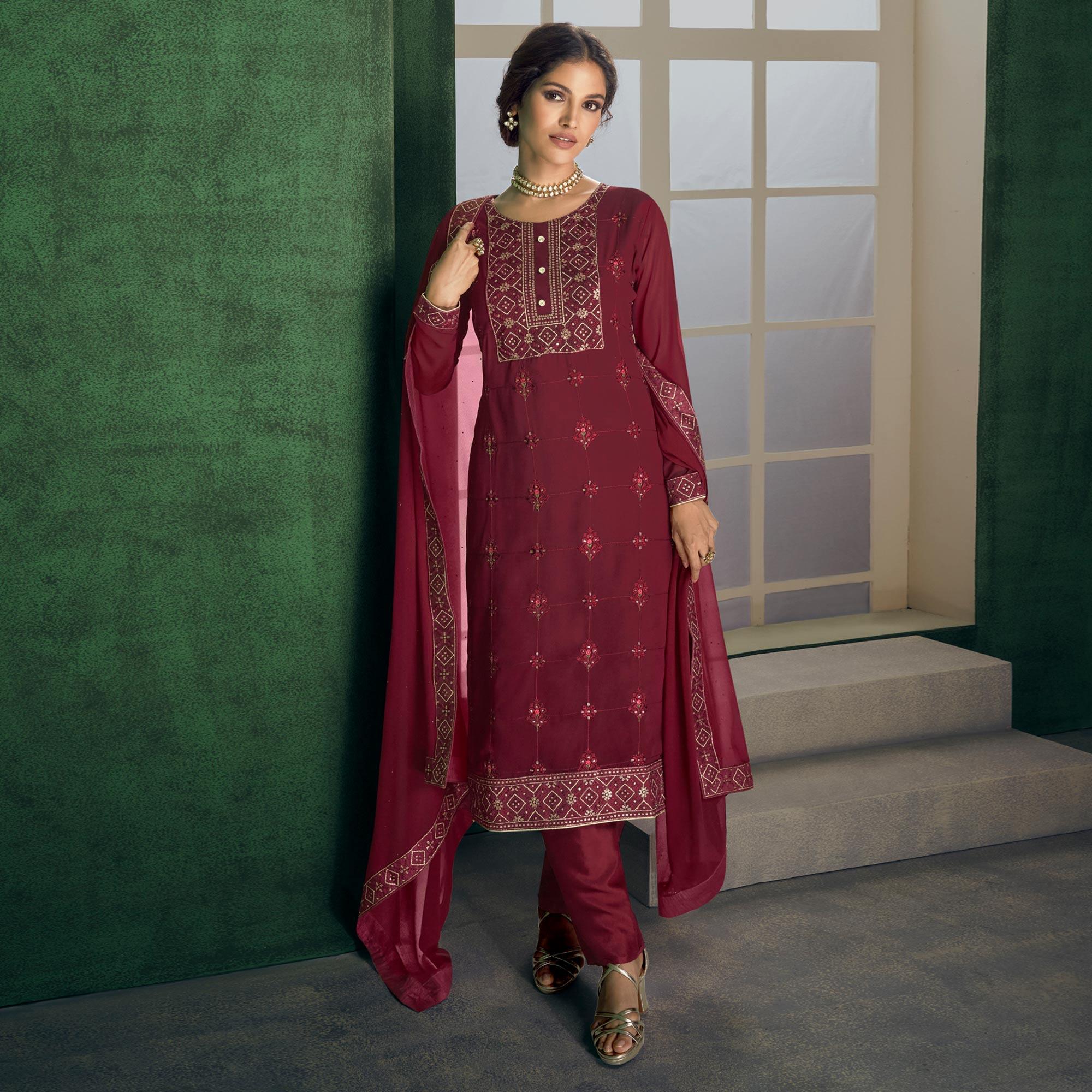 Peachmode Maroon Floral Sequins Embroidered Georgette Partywear Suit