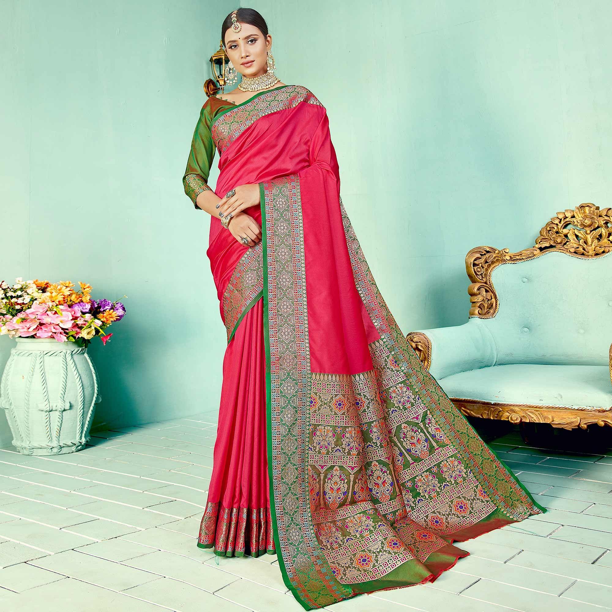 Peachmode Flattering Pink Coloured Partywear Woven Silk Saree