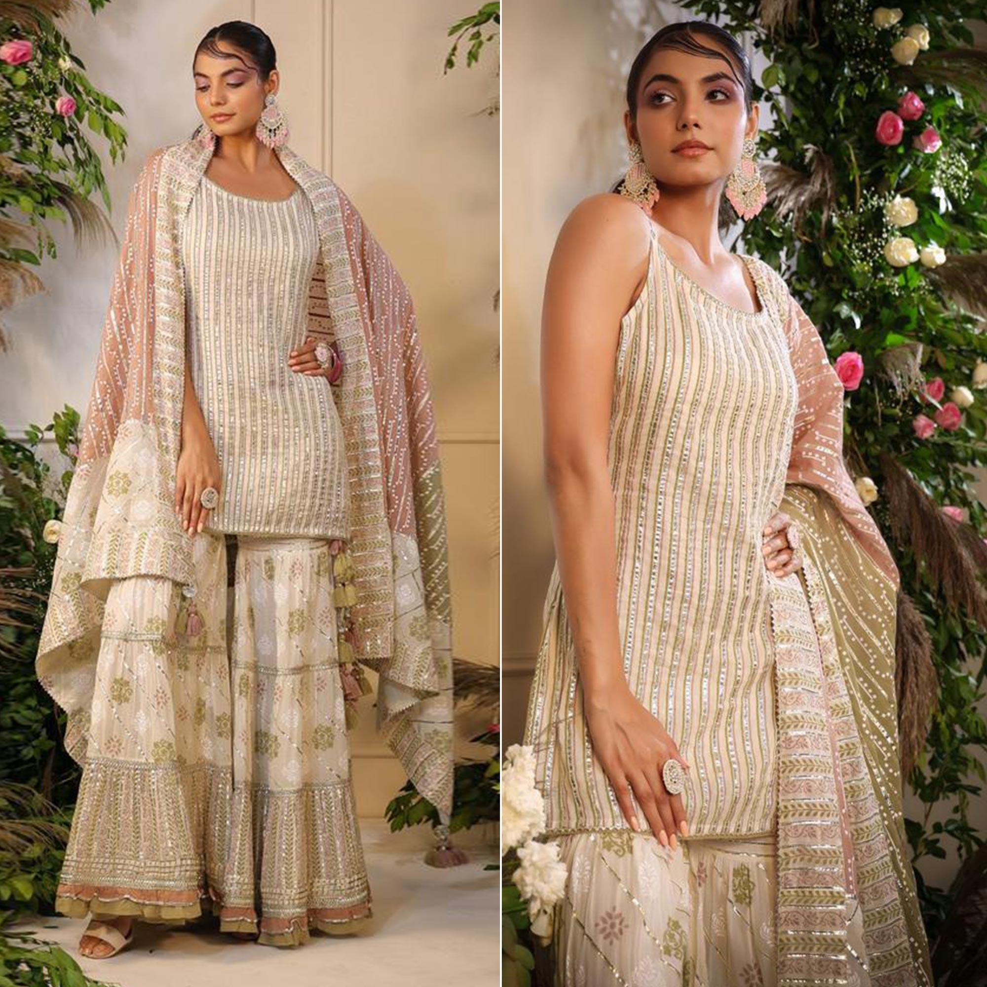 Peachmode Cream Printed With Gota Work Pure Cotton Sharara Suit