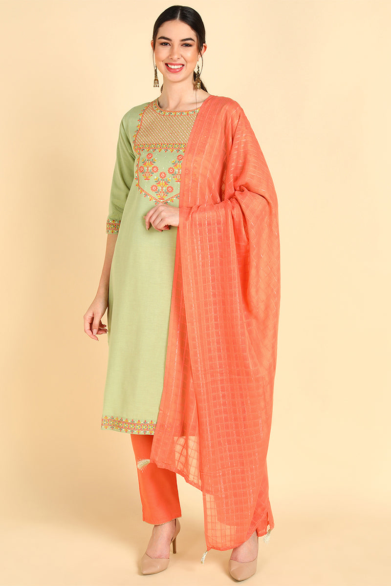 Ahika Green Embroidered Kurta Trousers With Dupatta VKSKD1403