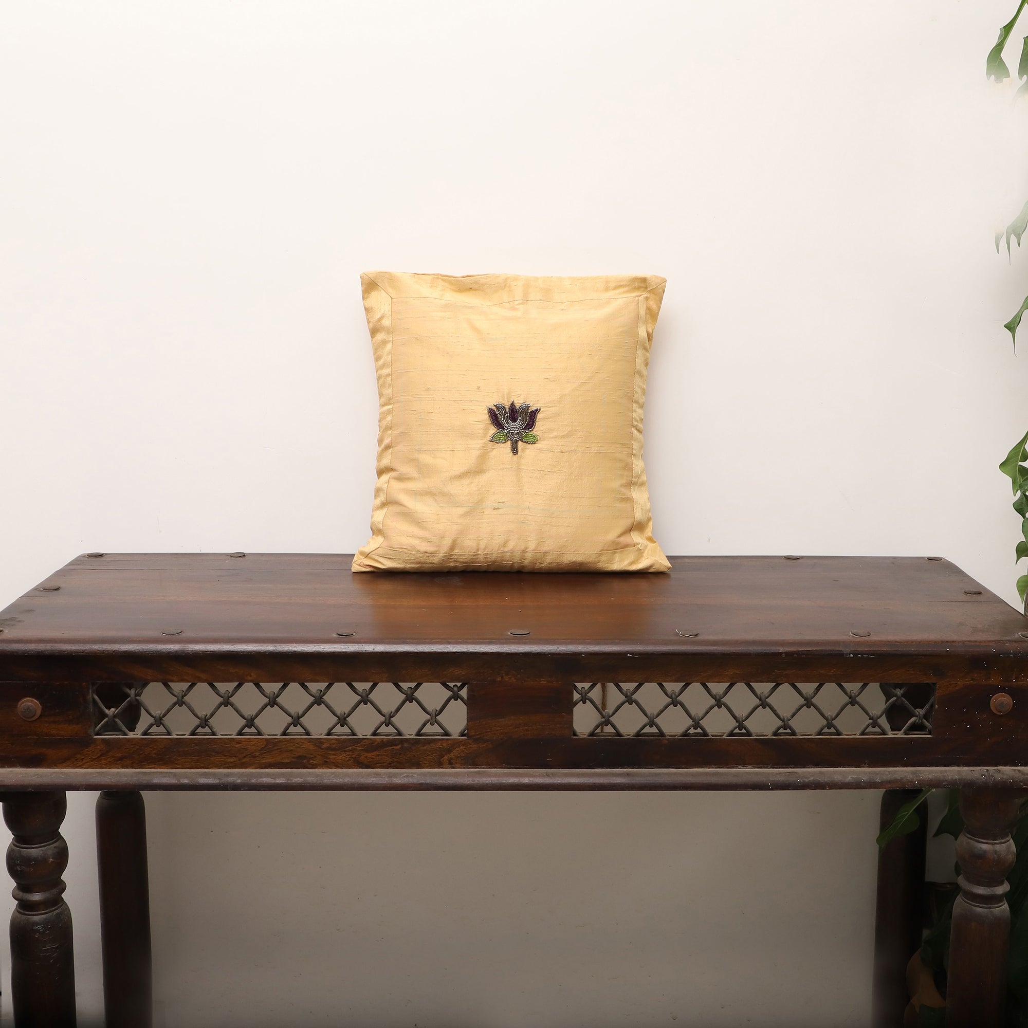 TICS Beige - Lotus Buta - Sequin & Beadwork Raw Silk Cushion Cover (Set of 5) - view 4