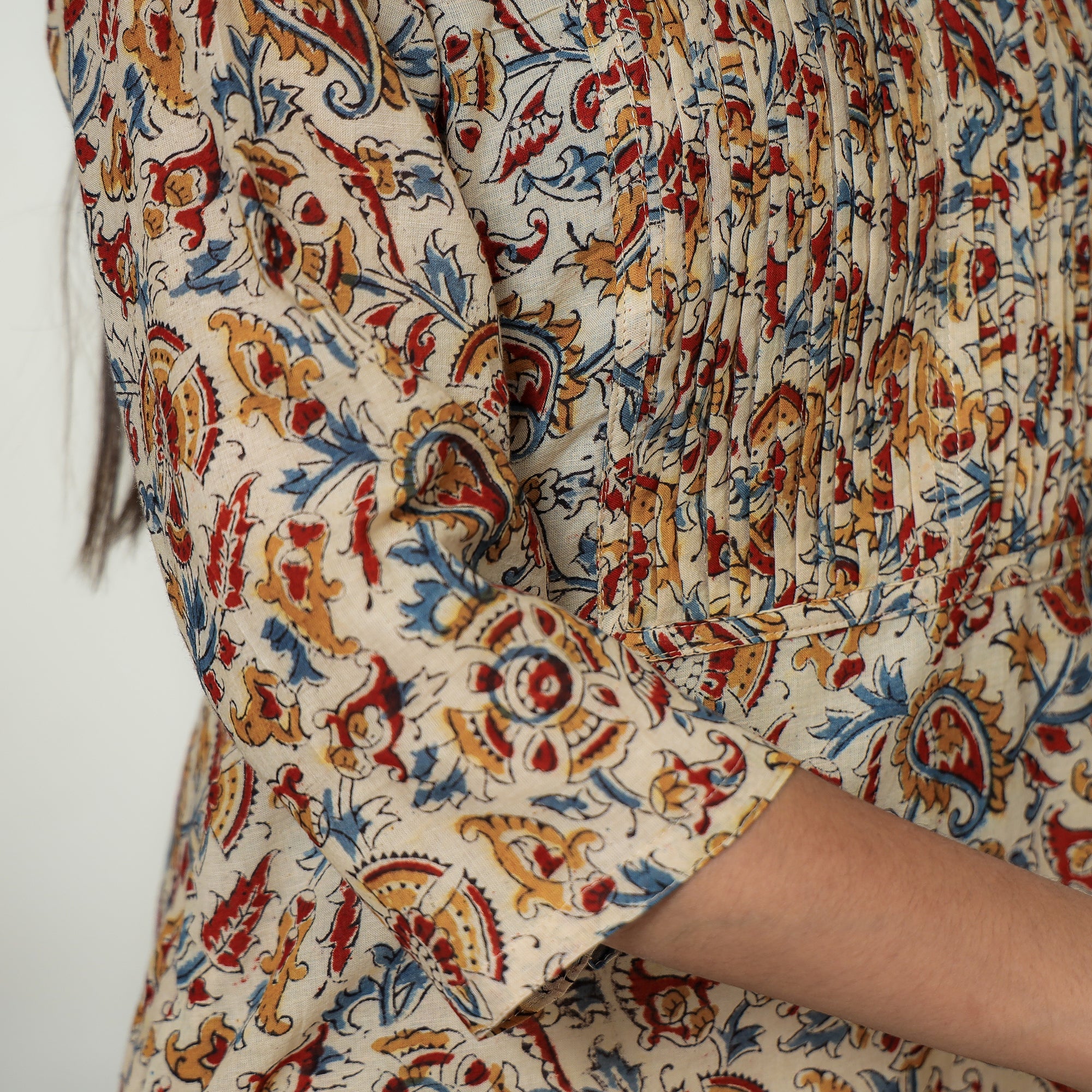 ITOKRI CASUALS Beige - Kalamkari Hand Block Printed Mul Cotton Pintuck A-Line Kurta 01 - view 7