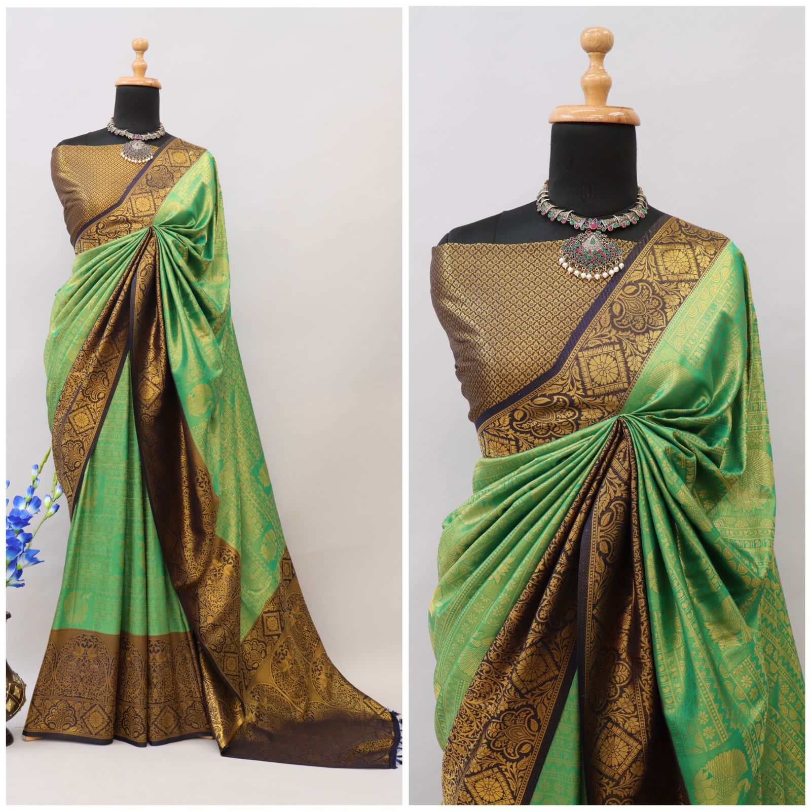 ClothsVilla Green Kuber Soft Silk Saree with Exquisite Golden Jari Work & Matching Blouse