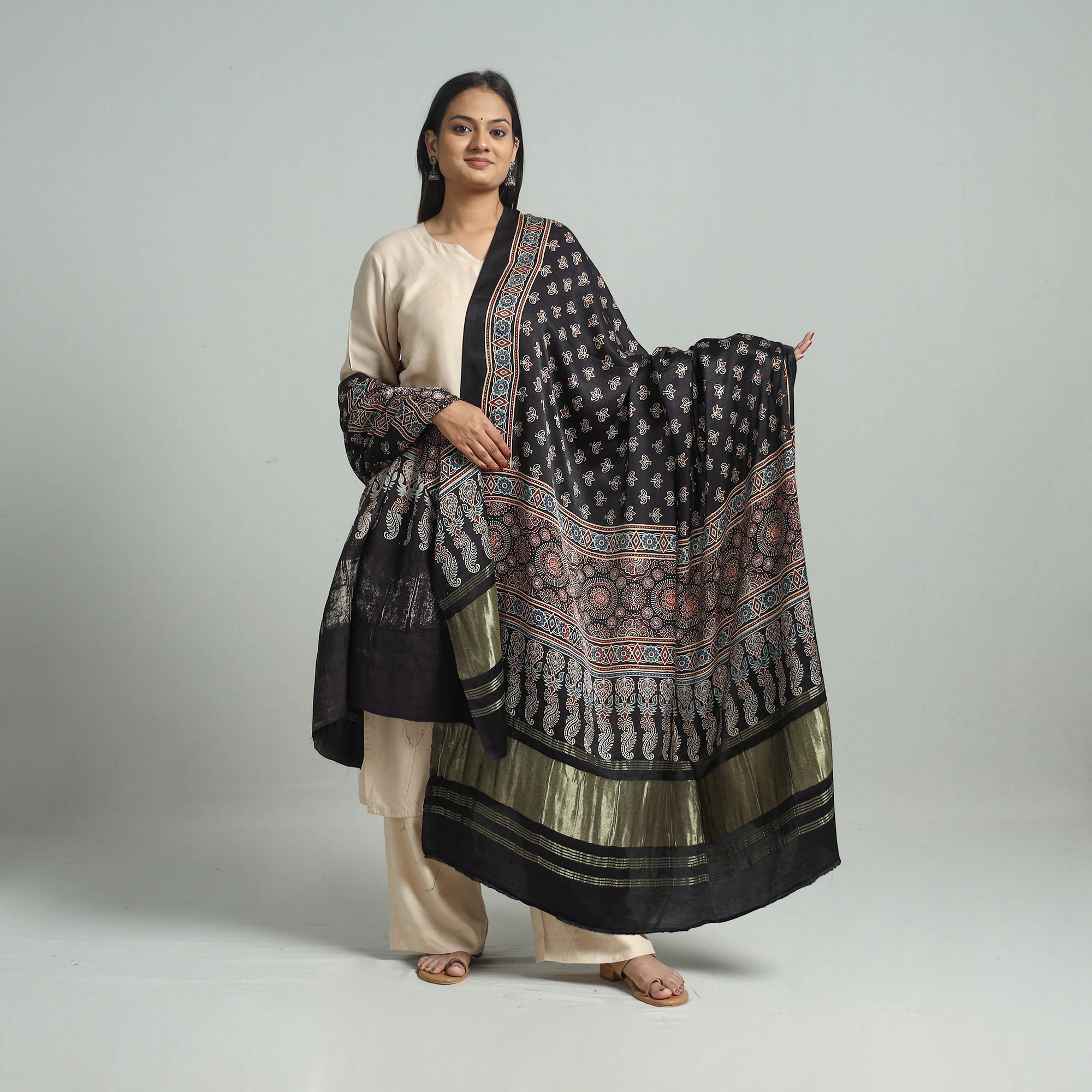 KACHCHH JI CHHAAP Black - Modal Silk Block Print Ajrakh Dupatta 96