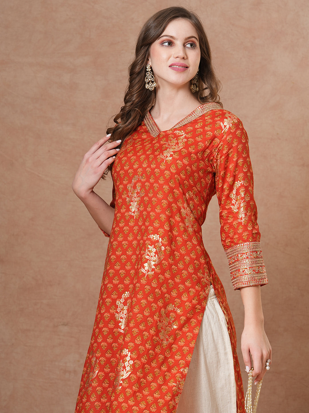 FASHOR Ethnic Floral Foil Printed & Embroidered Straight Fit Kurta - Brown - view 2