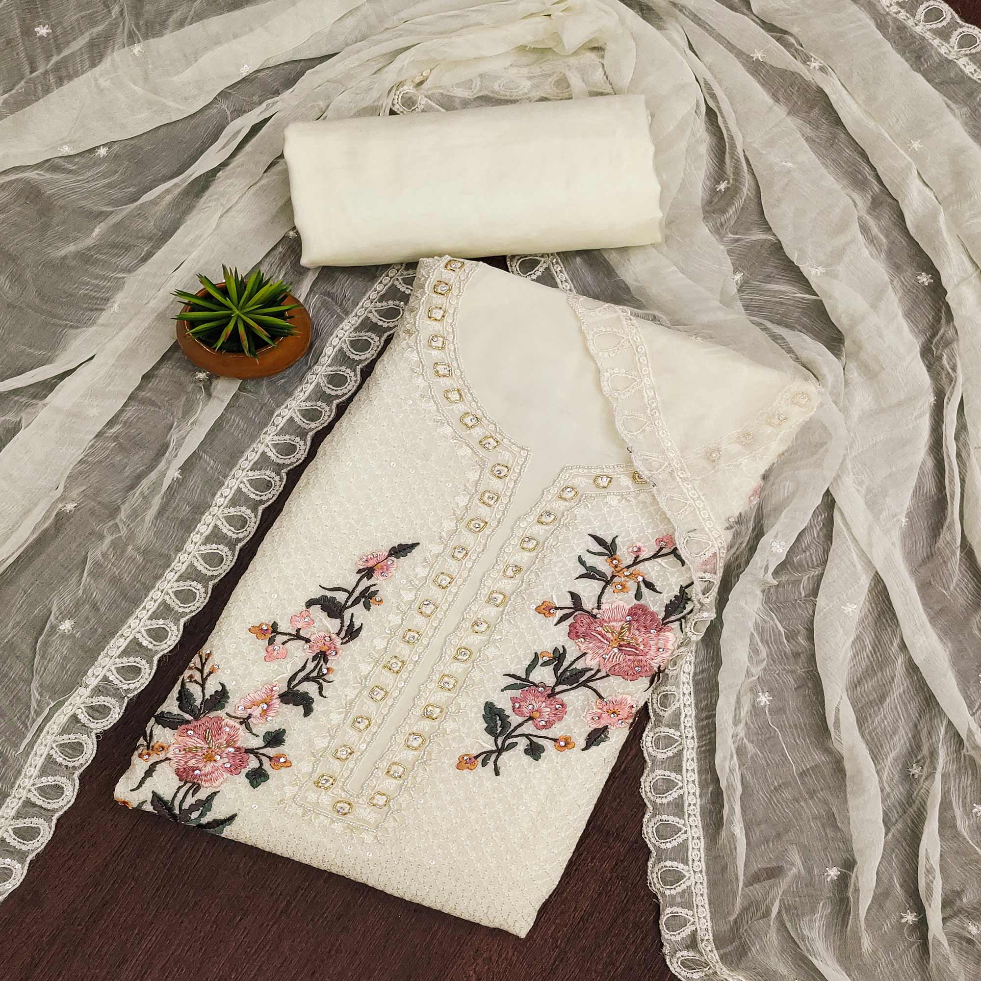 Peachmode Cream Floral Sequins Embroidered Georgette Dress Material