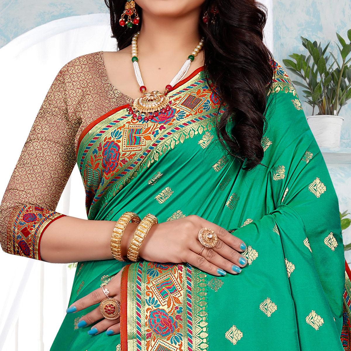 Peachmode Firozi Festive Wear Woven Silk Saree - view 2