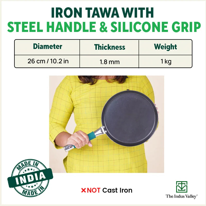 The Indus Valley Ironklad 100% Pure Sheet Iron Tawa, Steel Cool Touch Handle & Silicone Grip, Pre-seasoned, Toxin-free, Induction, 26 cm, 1 Kg - view 2