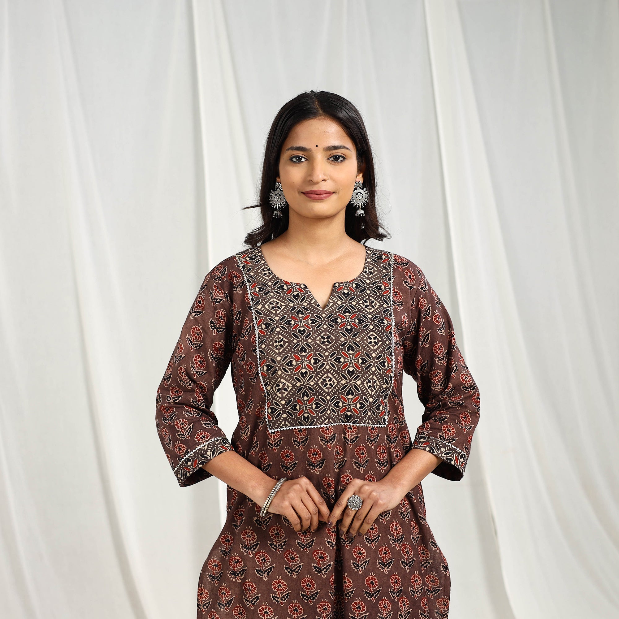 ITOKRI CASUALS Brown - Block Printed Cotton Straight Ajrakh Kurta 01