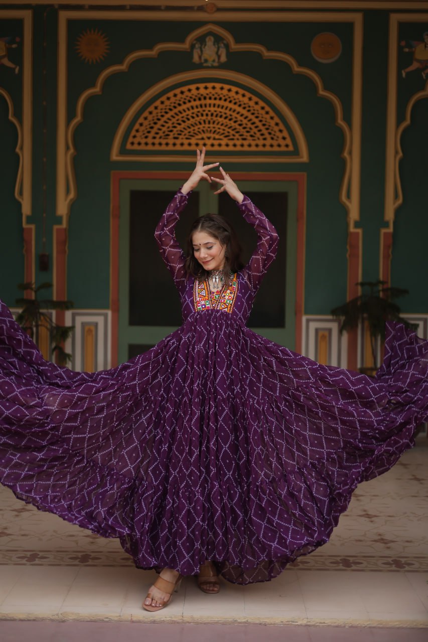 ClothsVilla Purple Bandhani Print Faux Georgette Gown with Kutchi Patchwork