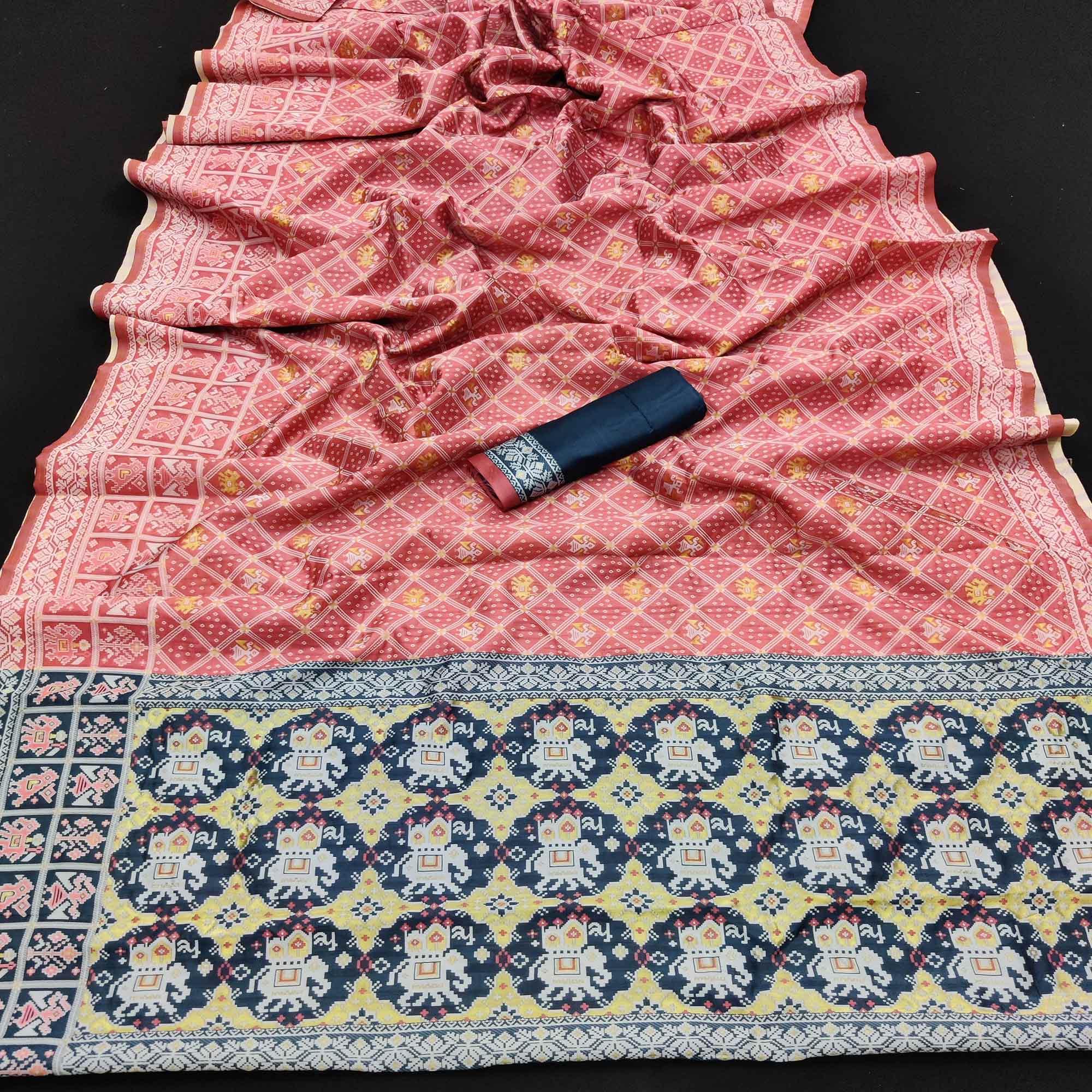 Peachmode Gajri Pink Festive Wear Woven Soft Silk Patola Saree - view 3