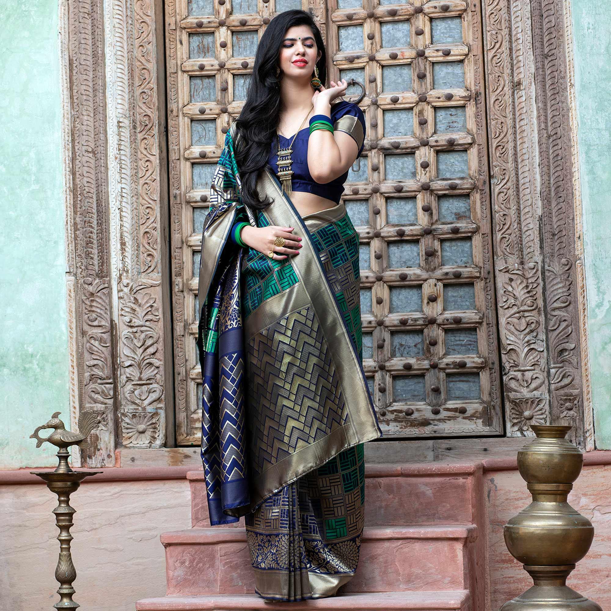 Peachmode Eye-catching Navy Blue Colored Festive Wear Woven Banarasi Silk Saree - view 2