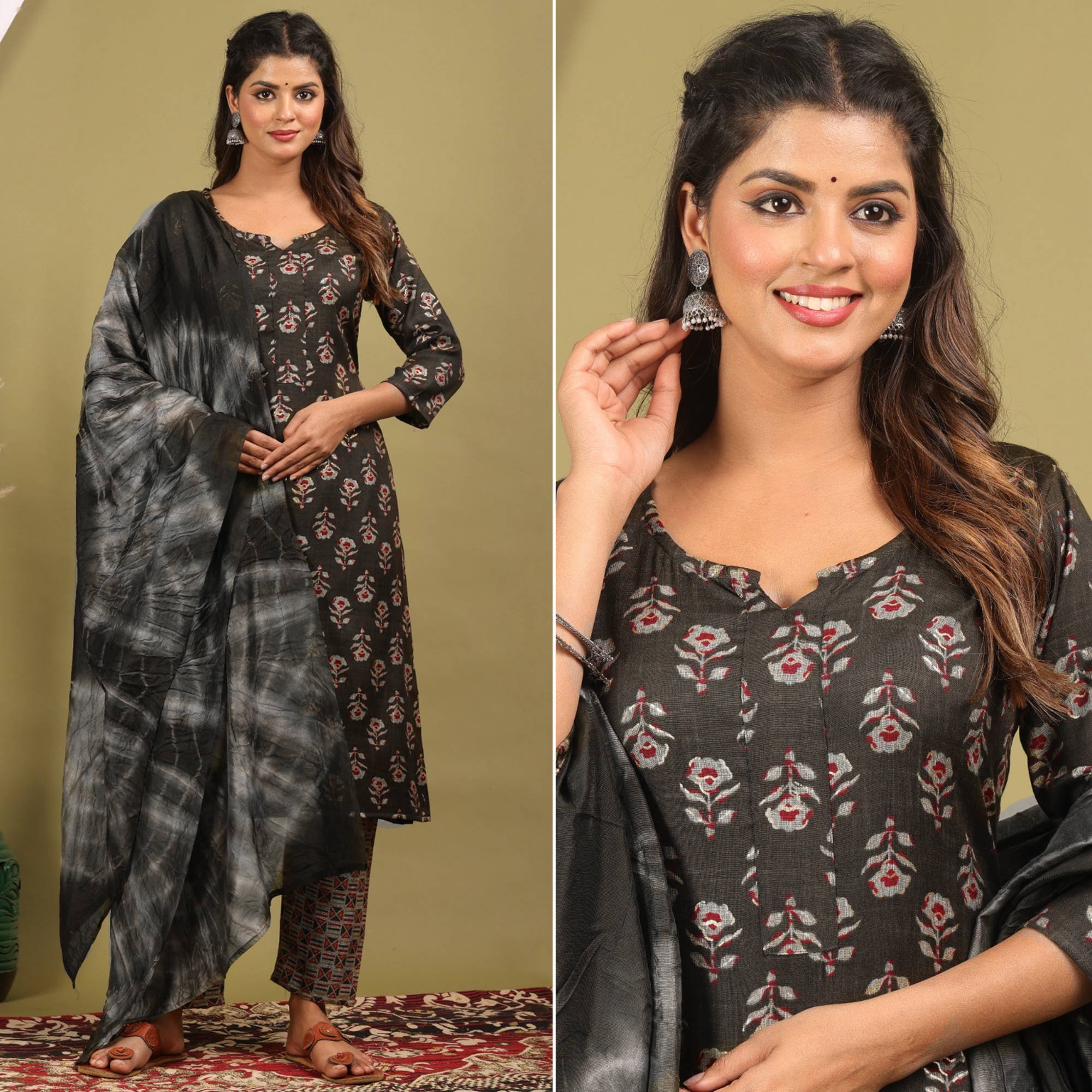 Peachmode Seller Brown Floral Foil Printed Rayon Suit