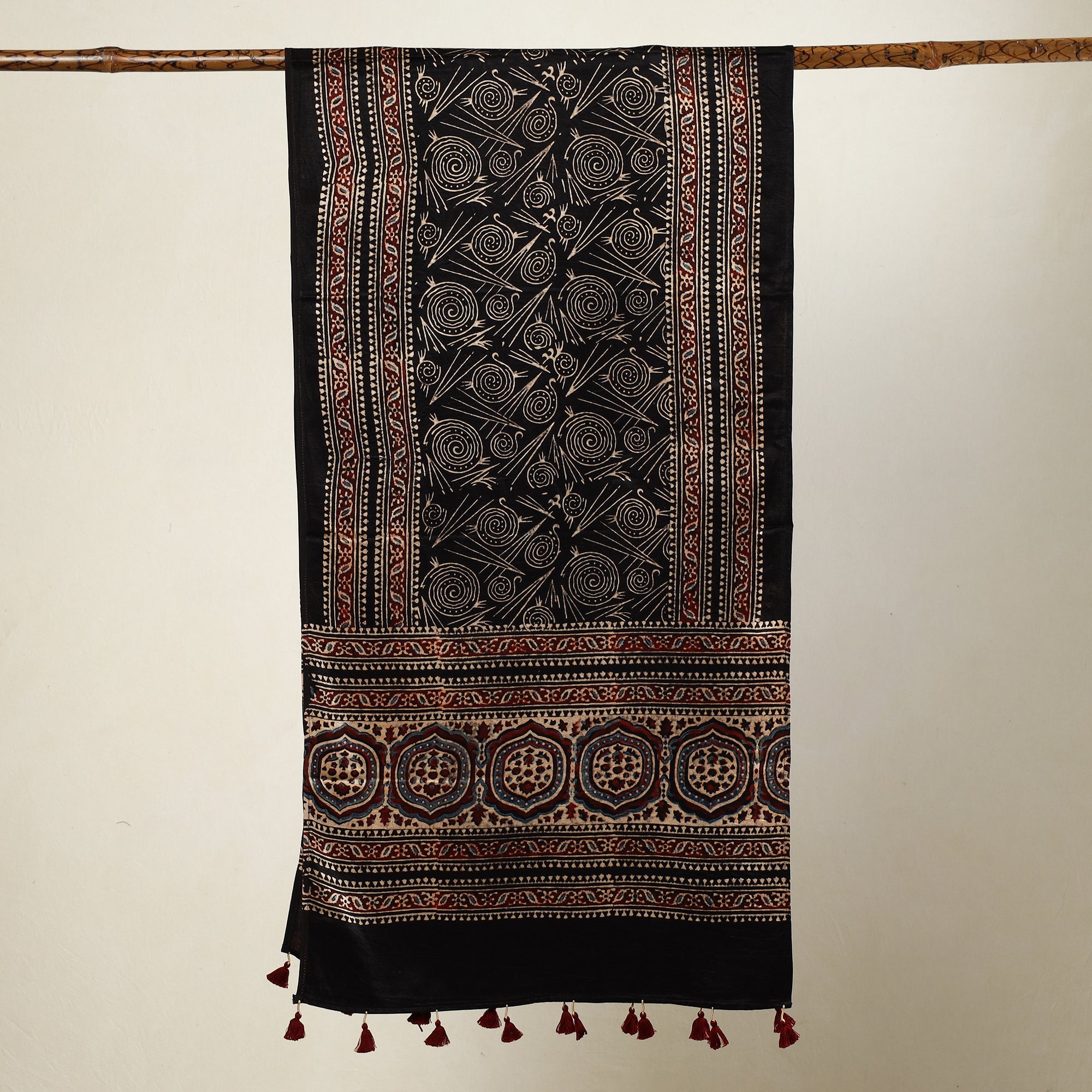 RIYAZ ABDULMAJID KHATRI - AJRAKH Black - Ajrakh Block Printed Mashru Silk Stole with Tassels - view 2