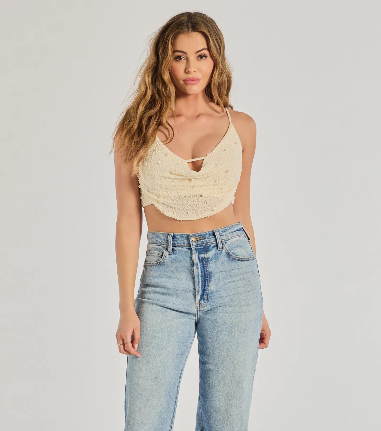 Windsor Glam Goals Faux Pearl Crop Top