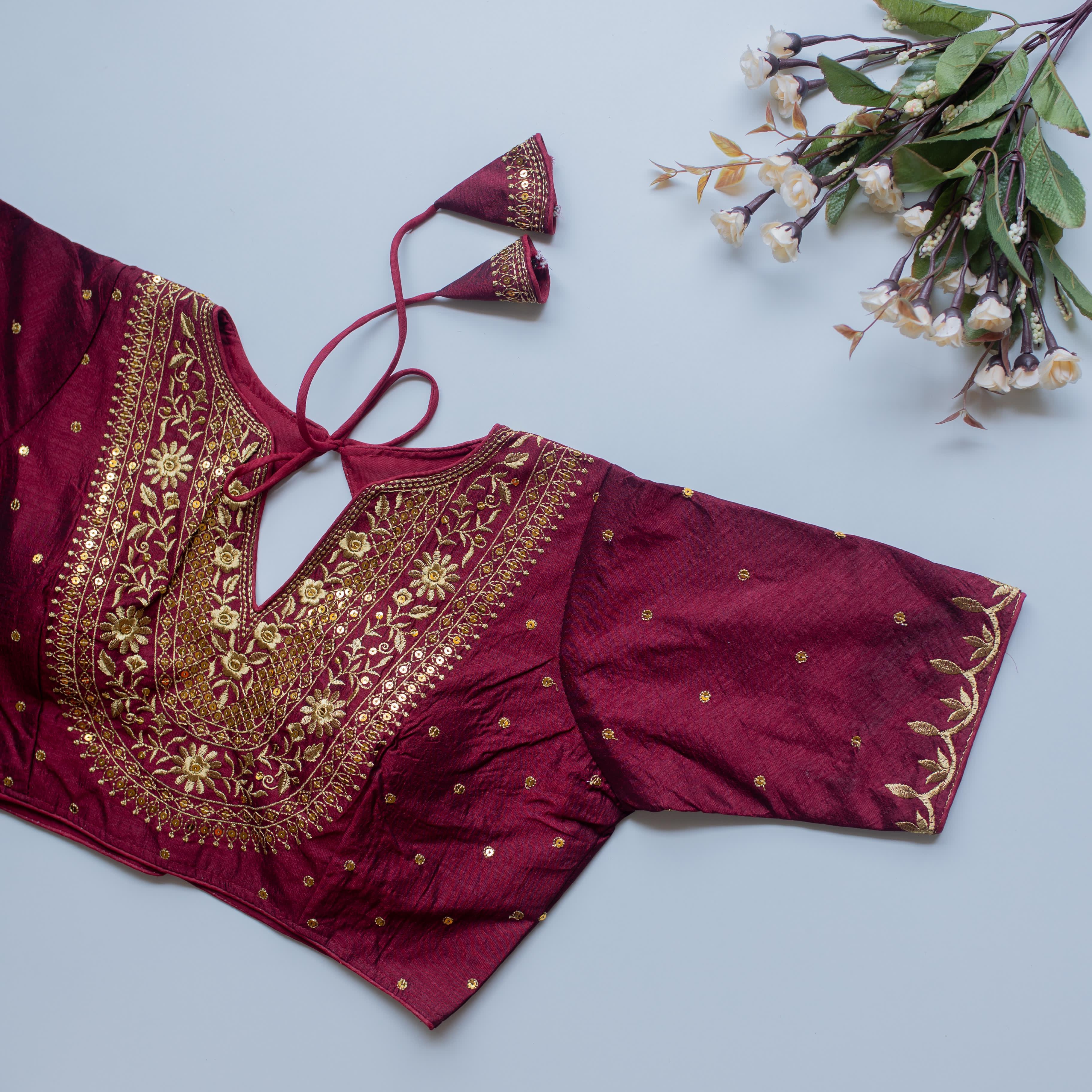 ClothsVilla Wine Olive Silk Blouse with Golden Embroidery and Sequence Accents