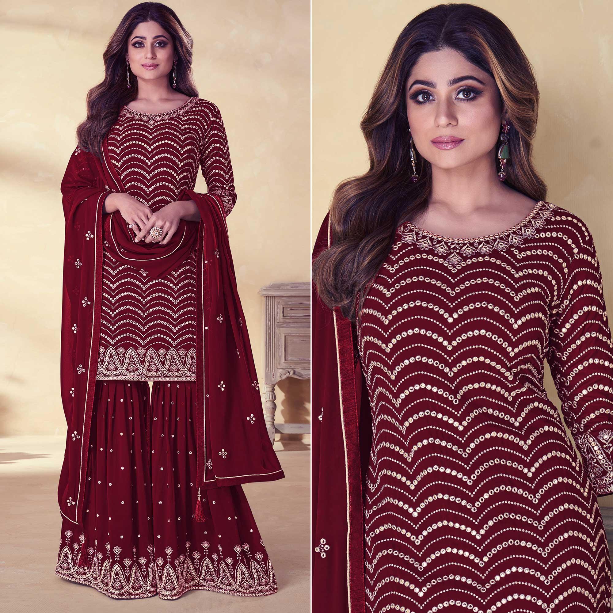 Peachmode Maroon Embroidered Georgette Sharara Suit