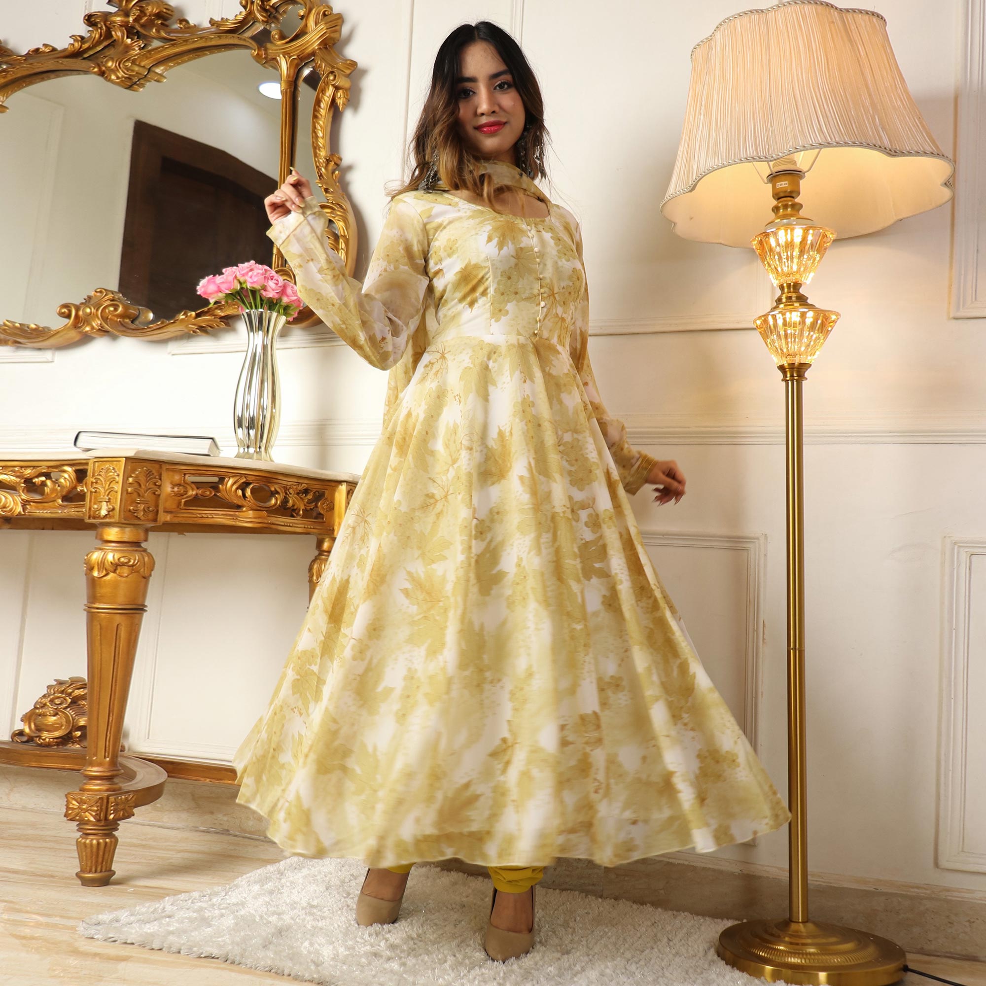 Peachmode Seller Light Yellow Floral Printed Georgette Anarkali Suit - view 2