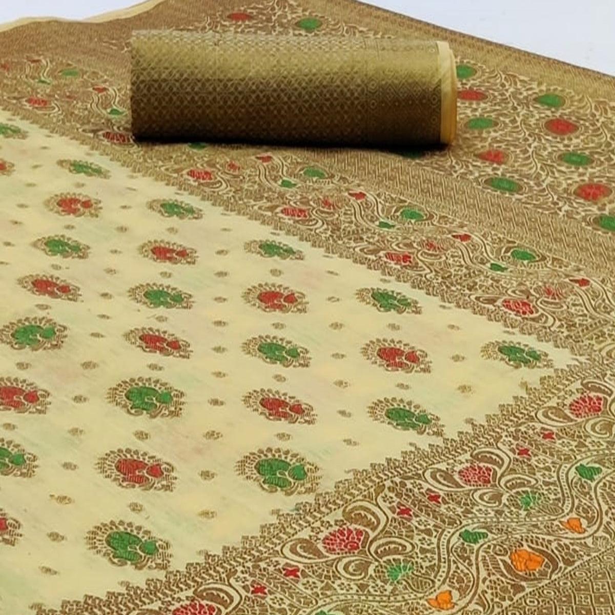 Peachmode Exotic Light Green Colored Festive Wear Woven Cotton Saree - view 2