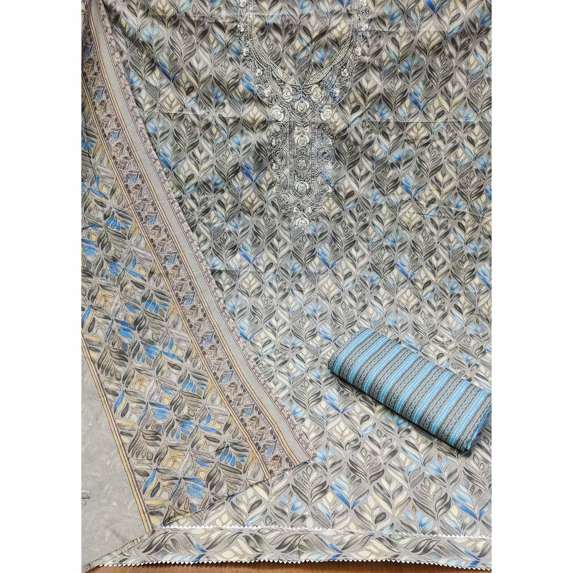 Peachmode Grey Printed With Embroidery Pure Cotton Dress Material - view 3