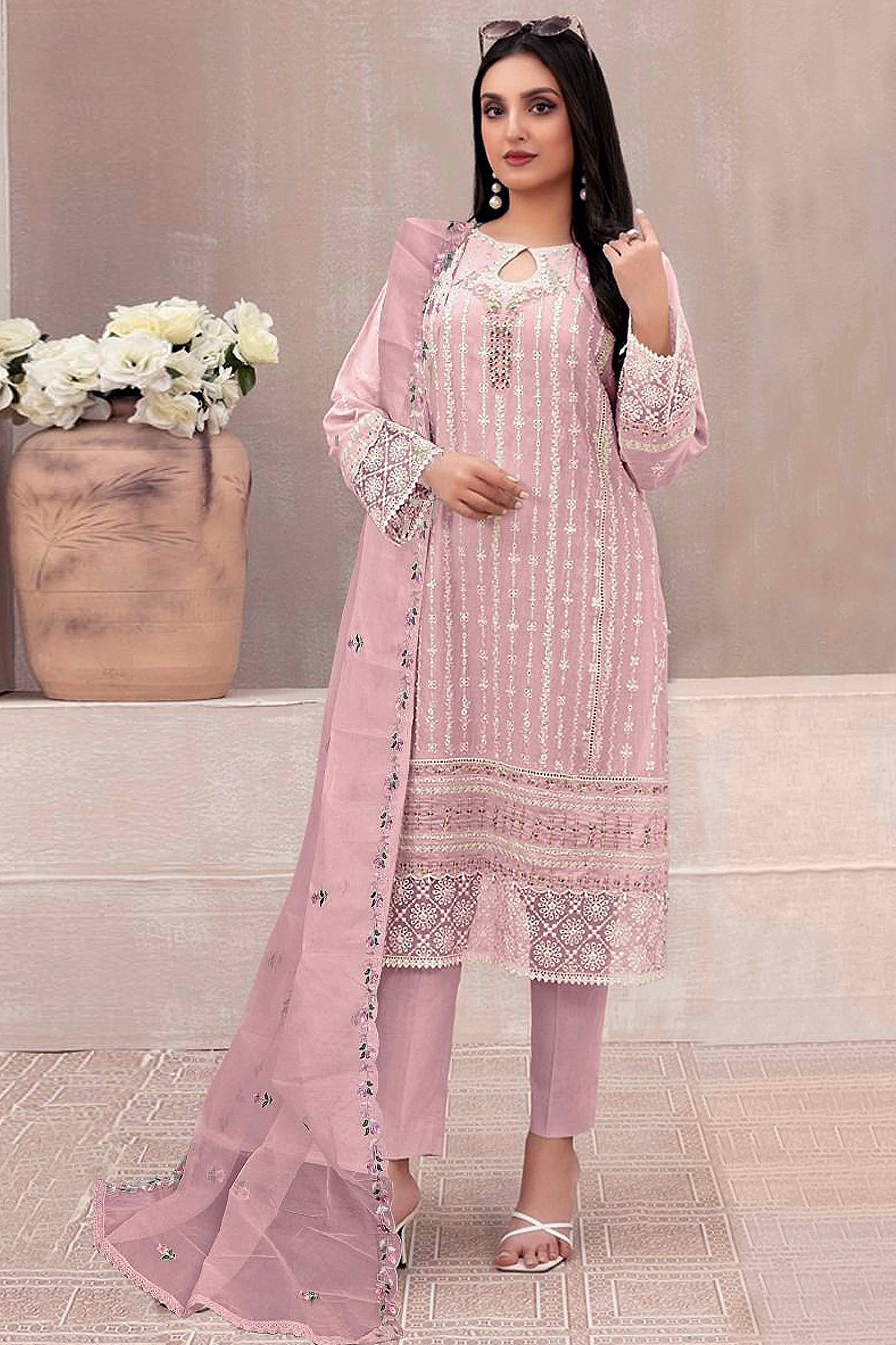 Peachmode Light Pink Floral Embroidered Georgette Semi Stitched Pakistani Suit