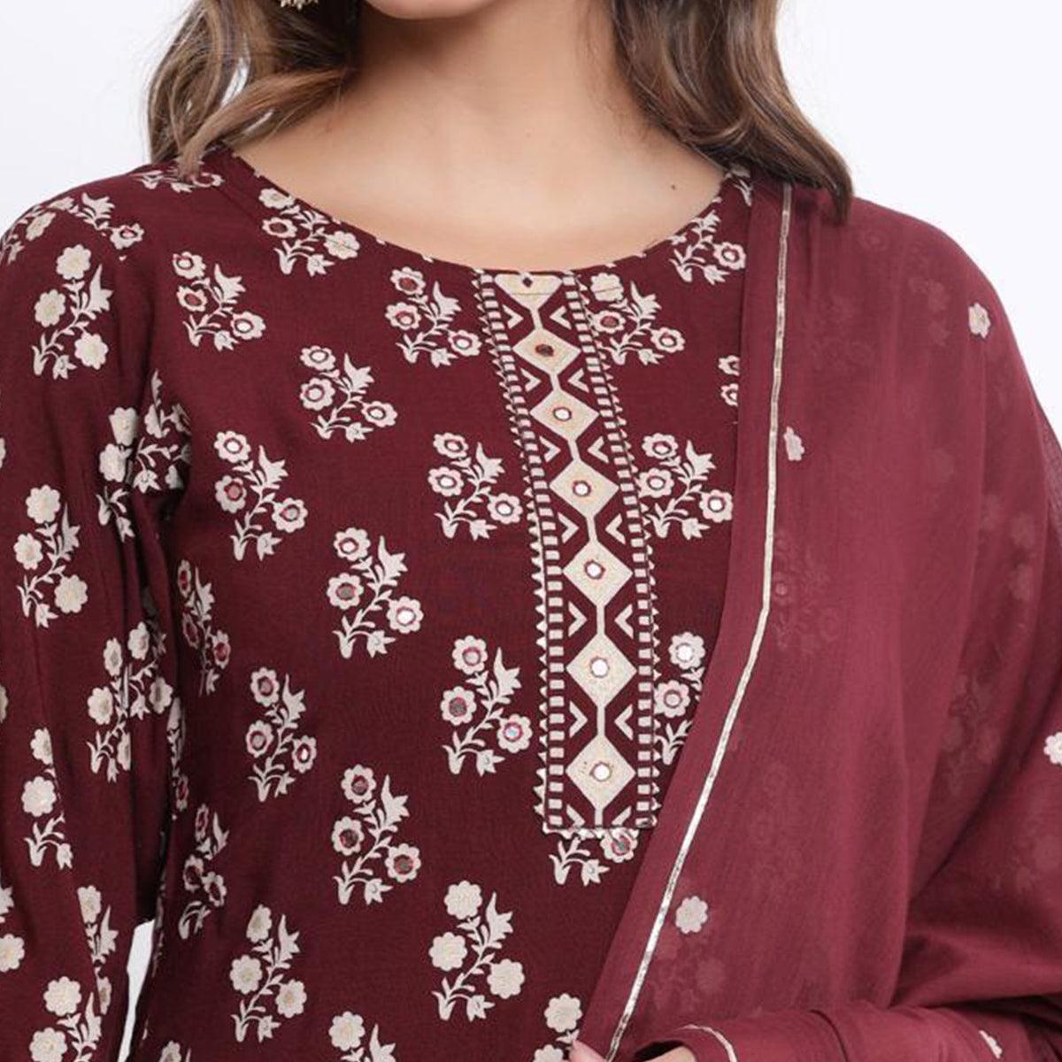 Peachmode Maroon Partywear Printed With Gotta Patti Cotton Kurti Pant Set With Dupatta - view 2