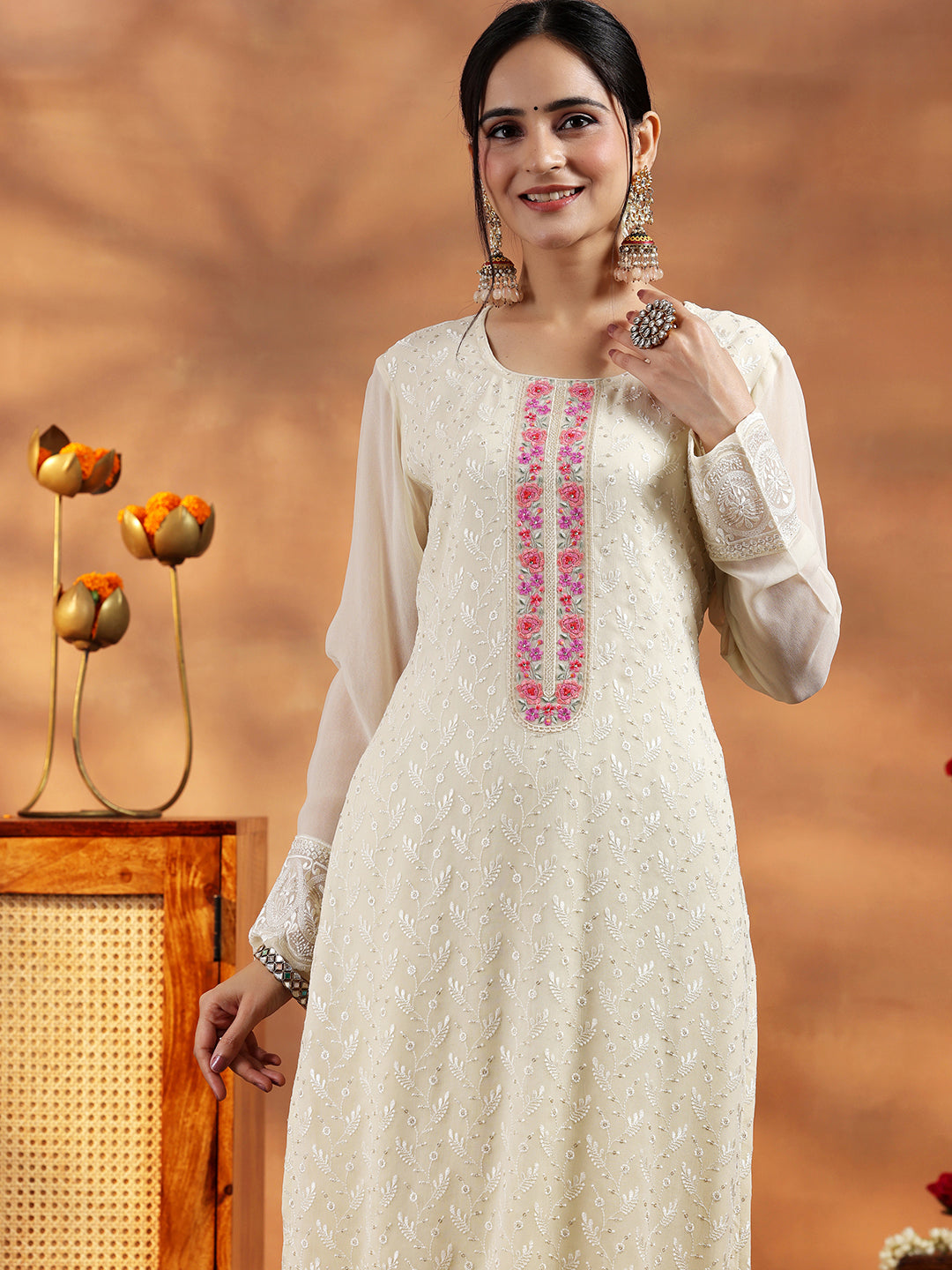 Libas Cream Embroidered Georgette Straight Suit With Dupatta - view 5
