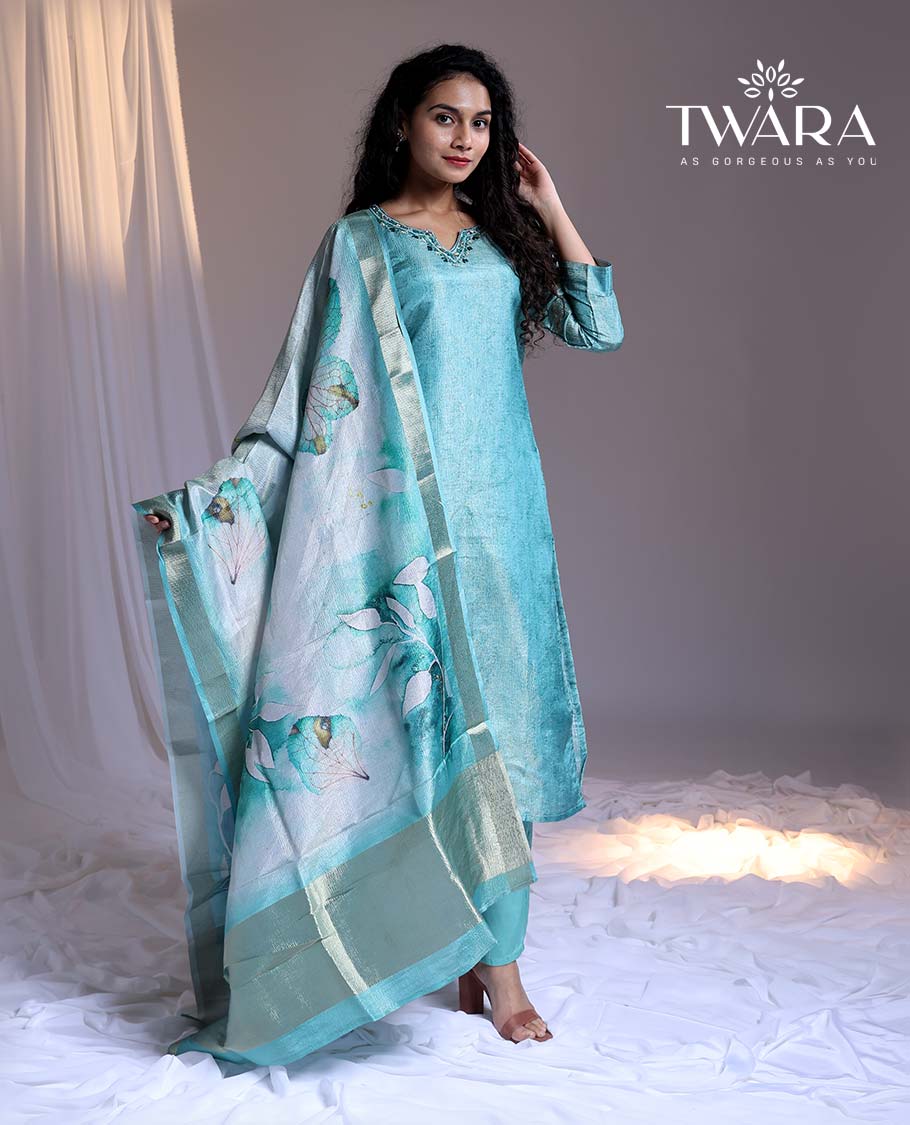 Pothys Twara Blue readymade suit, embroidered 3/4th-sleeve straight-cut tissue top, plain pants & floral printed dupatta