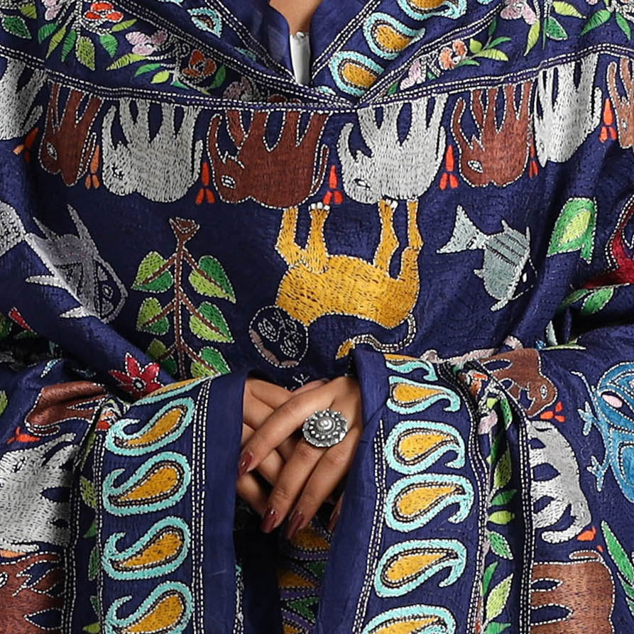 KHUSHBASH - HAPPY LOOM OF EAST Blue - Bengal Handloom Silk Kantha Embroidery Dupatta 14 - view 4