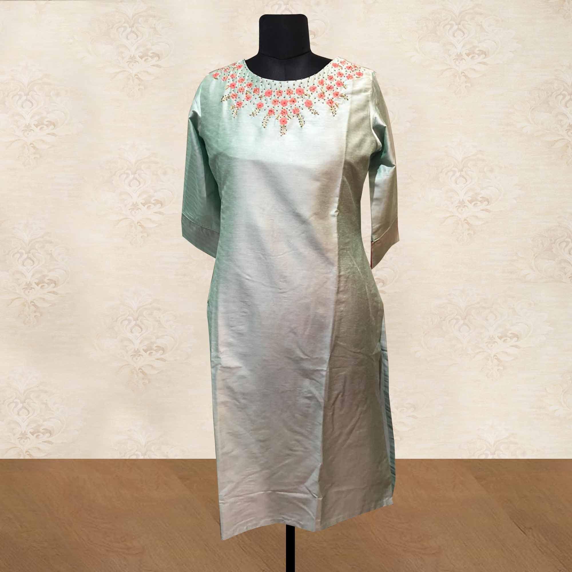 Peachmode Mint Green Floral Embroidered Art Silk Kurti