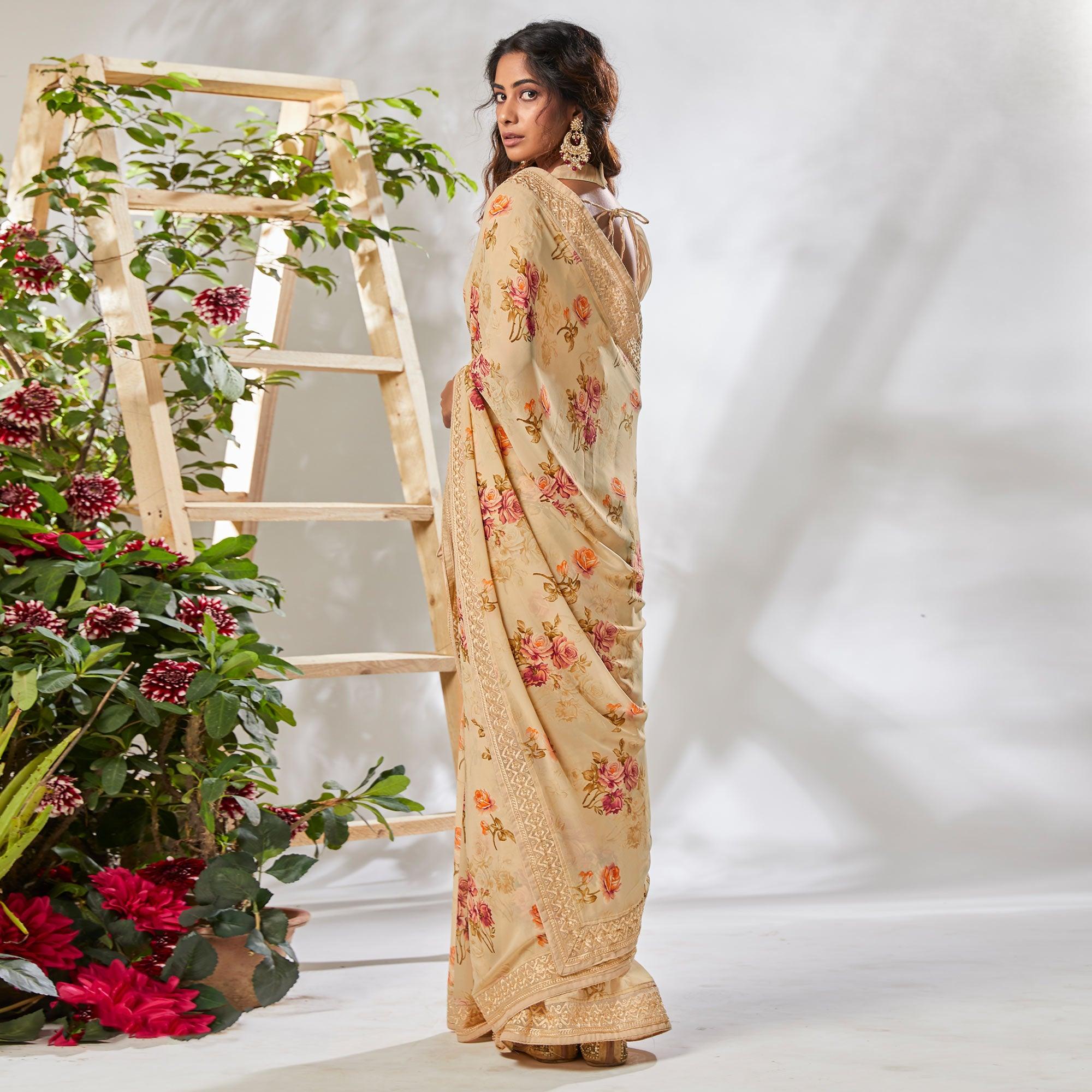 Peachmode Cream Floral Printed With Embroidered Border Georgette Saree - view 2