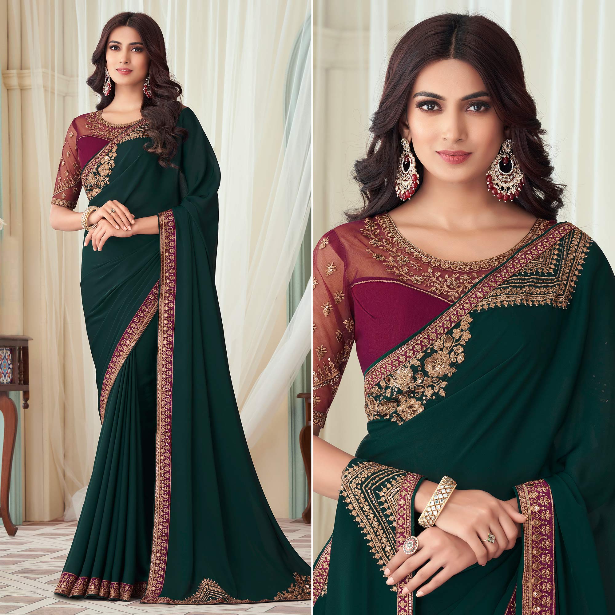 Peachmode Bottle Green Floral Sequin Embroidered Crepe Saree