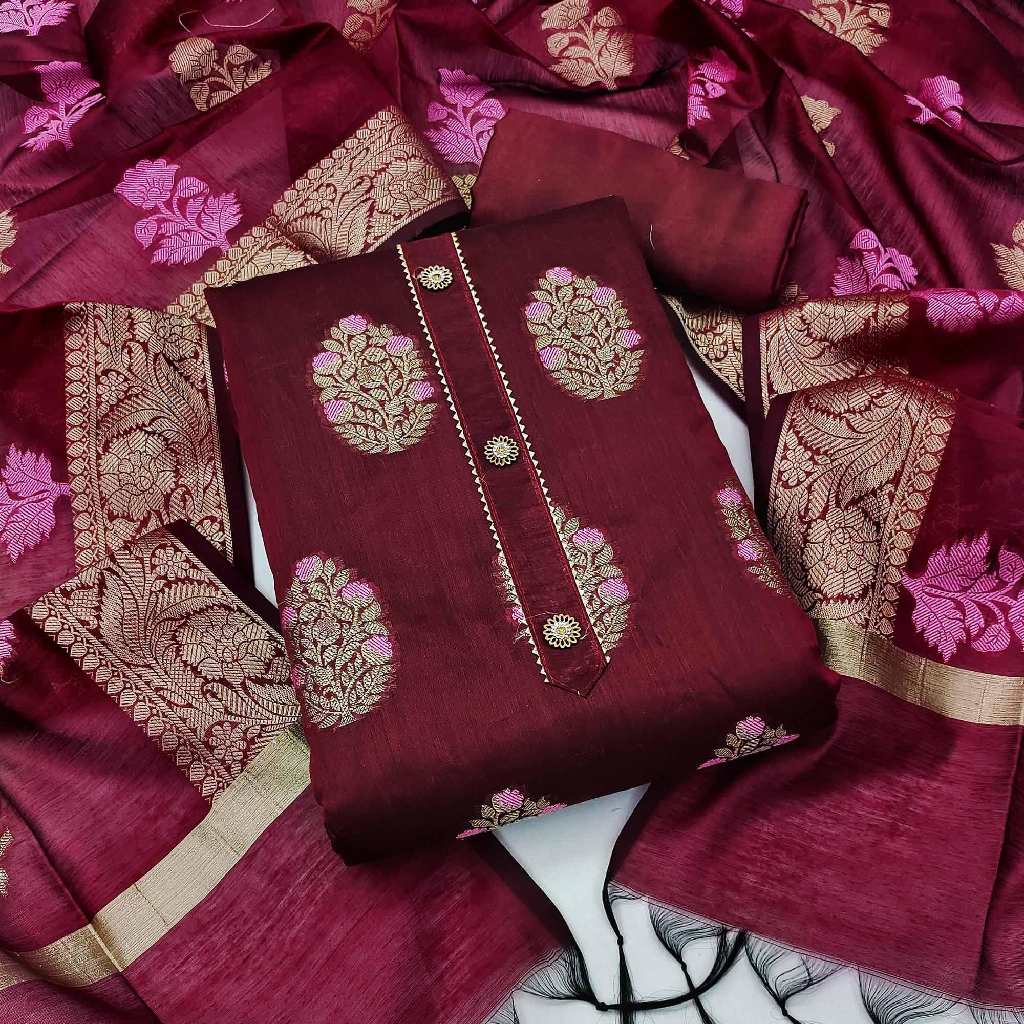 Peachmode Maroon Woven Jacquard Dress Material