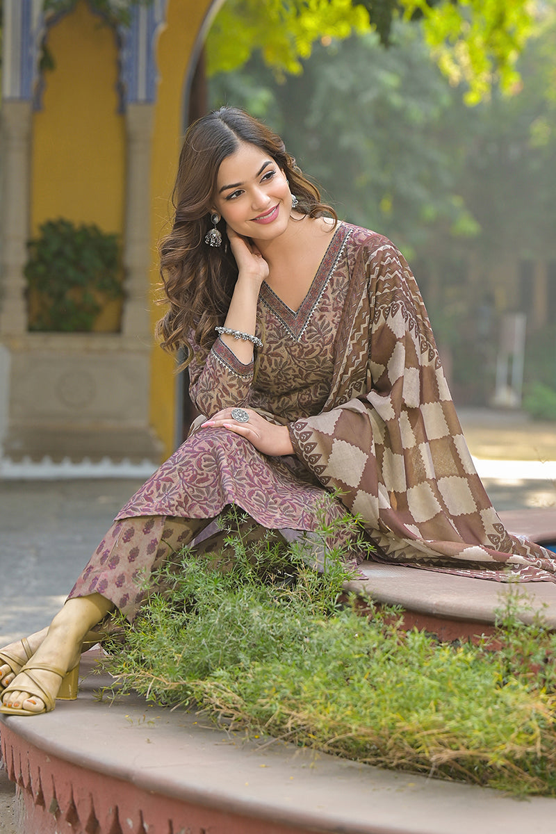 Ahika Brown Cotton Blend Floral Printed Straight Trouser Suit Set VKSKD2302 - view 7