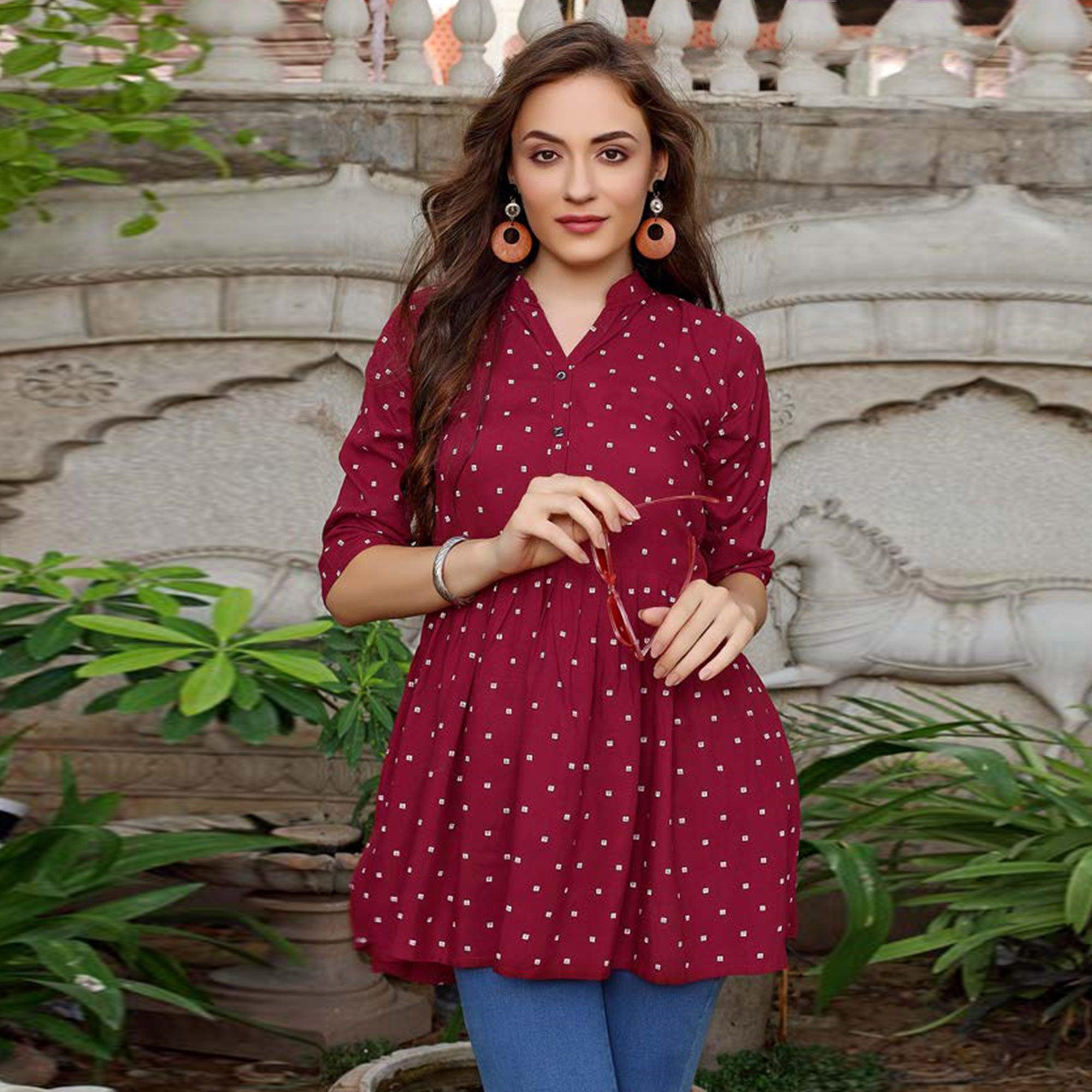 Peachmode Maroon Printed Cotton Blend Top