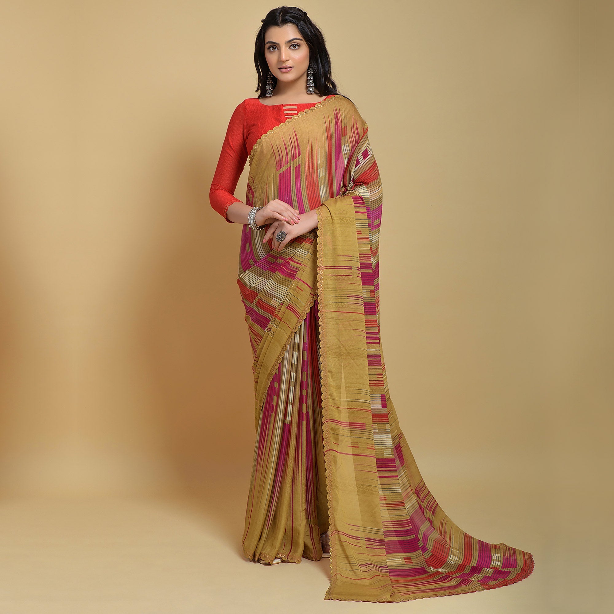 Peachmode Chikoo Printed Georgette Saree With Swarovski Border
