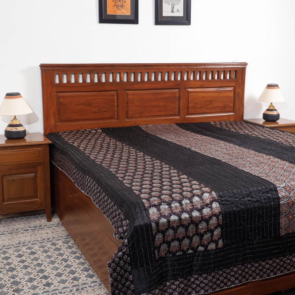 KACHCHH JI CHHAAP Black - Reversible Ajrakh Patch & Tagai Work Mashru Silk Double Bed Cover / Quilt (102 x 84 in)