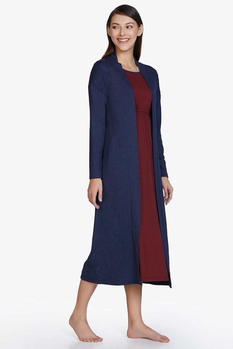 Amante Cotton Blend Sleep Robe - Navy - view 2