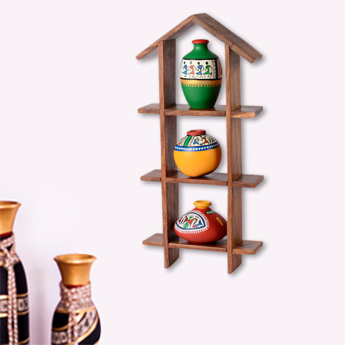 EXCLUSIVELANE 3 Terracotta Warli Handpainted Pots with Sheesham Wooden Hut Frame Wall Hanging