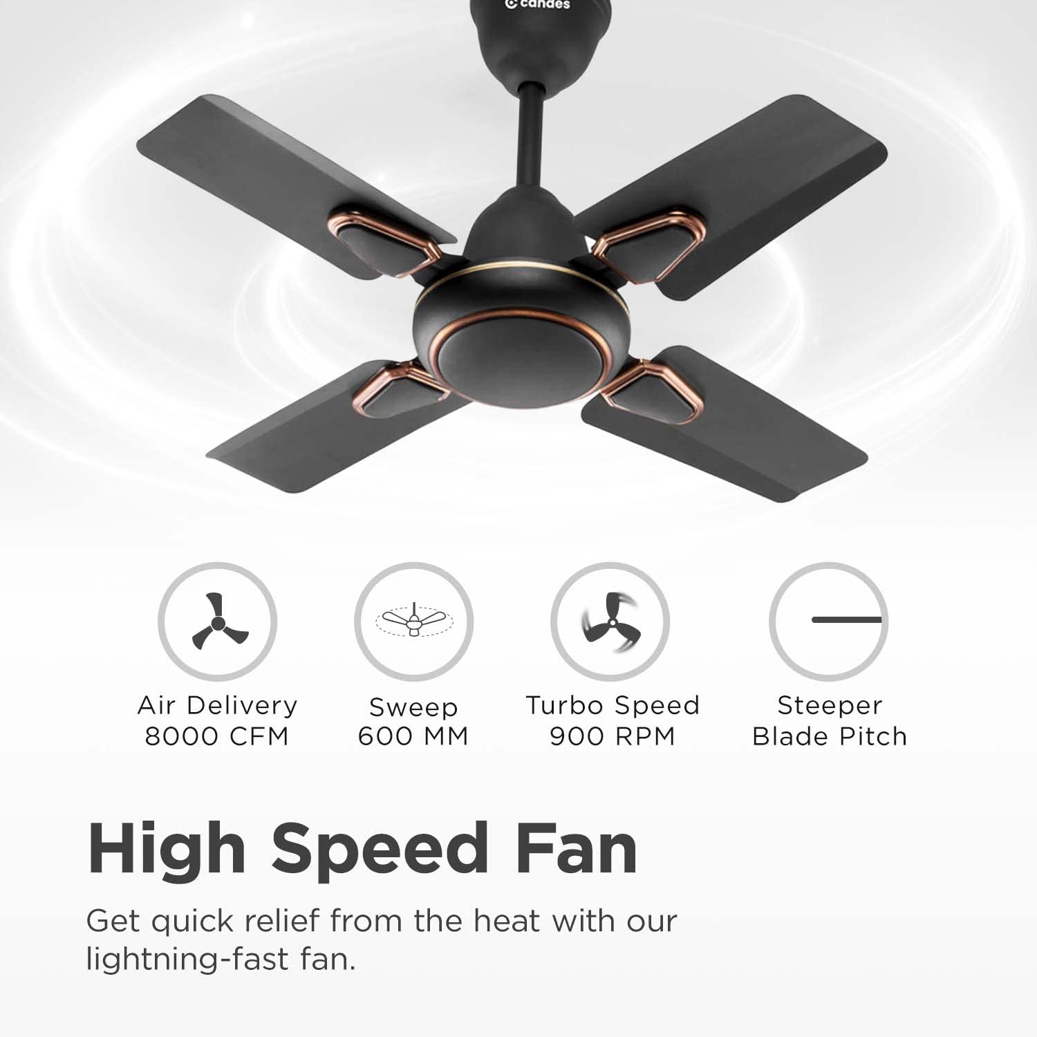 Candes Brio Turbo 600 mm / 24 Inch High Speed 4 Blade Anti-Dust 405 RPM Ceiling Fan Suitable for Kitchen/Veranda/Balcony/Small Room (Pack of 1, Coffee - view 3