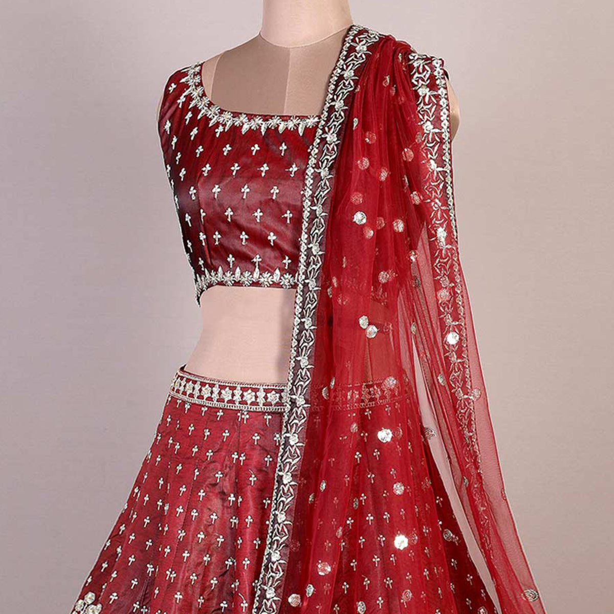 Peachmode Maroon Embroidered Satin Lehenga Choli - view 2