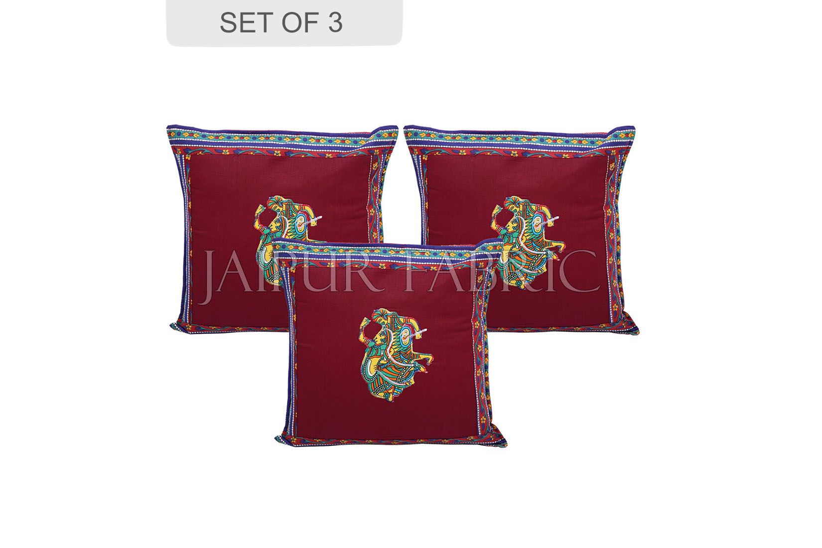 JaipurFabric® Maroon Color Traditional Folk Dance Patch Work Cotton Cushion Cover - view 2